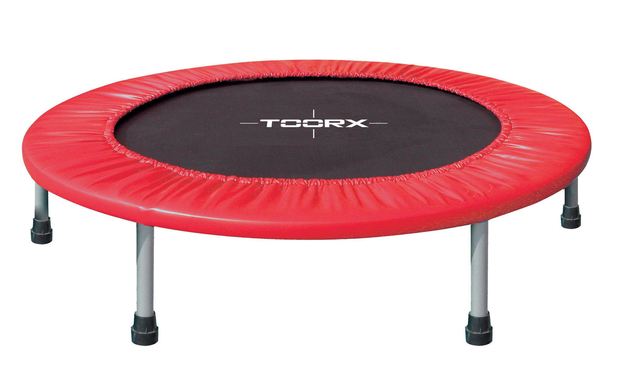 Ein rotes rundes Trampolin mit schwarzer Sprungfläche und silbernen Beinen.