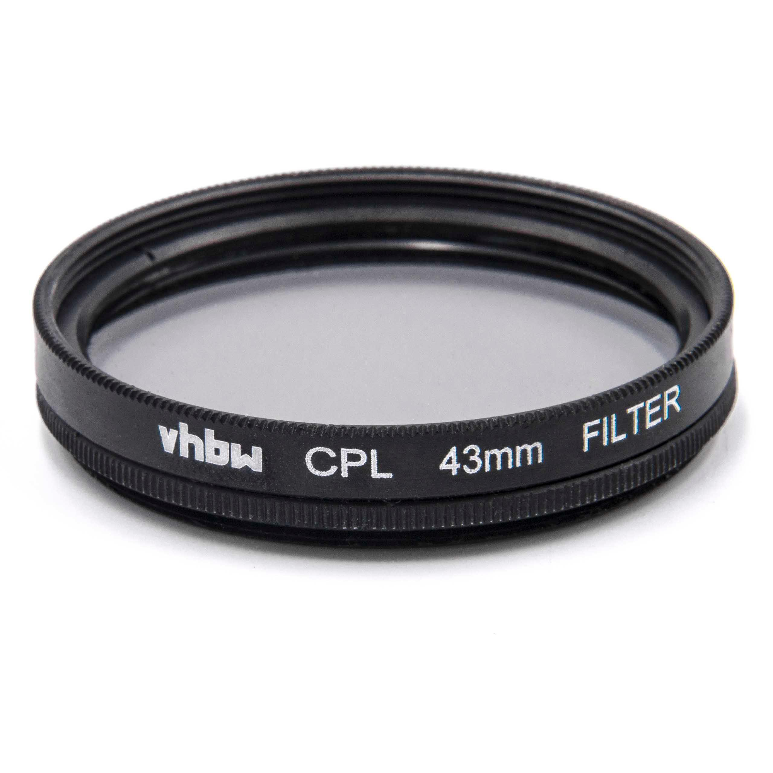 Ein schwarzer Kameraobjektivfilter mit weißem Text: vhbw CPL 43mm FILTER, auf weißem Hintergrund.