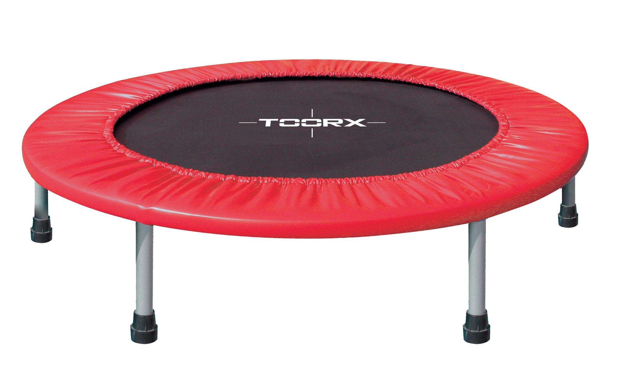 Ein rotes, rundes Trampolin mit schwarzem Mittelteil und silbernen Beinen.