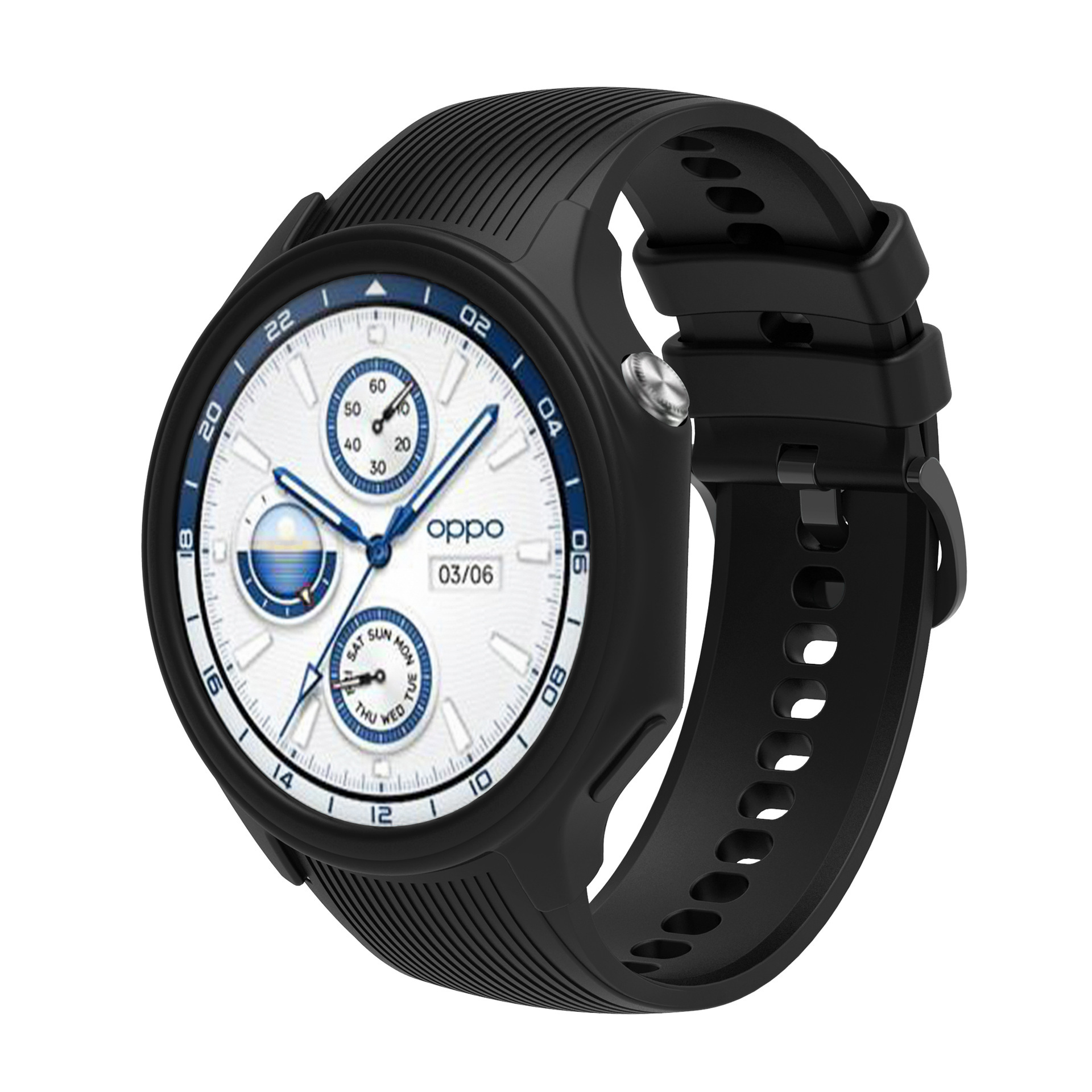 Smartwatch in bianco e nero con quadrante bianco e dettagli blu.