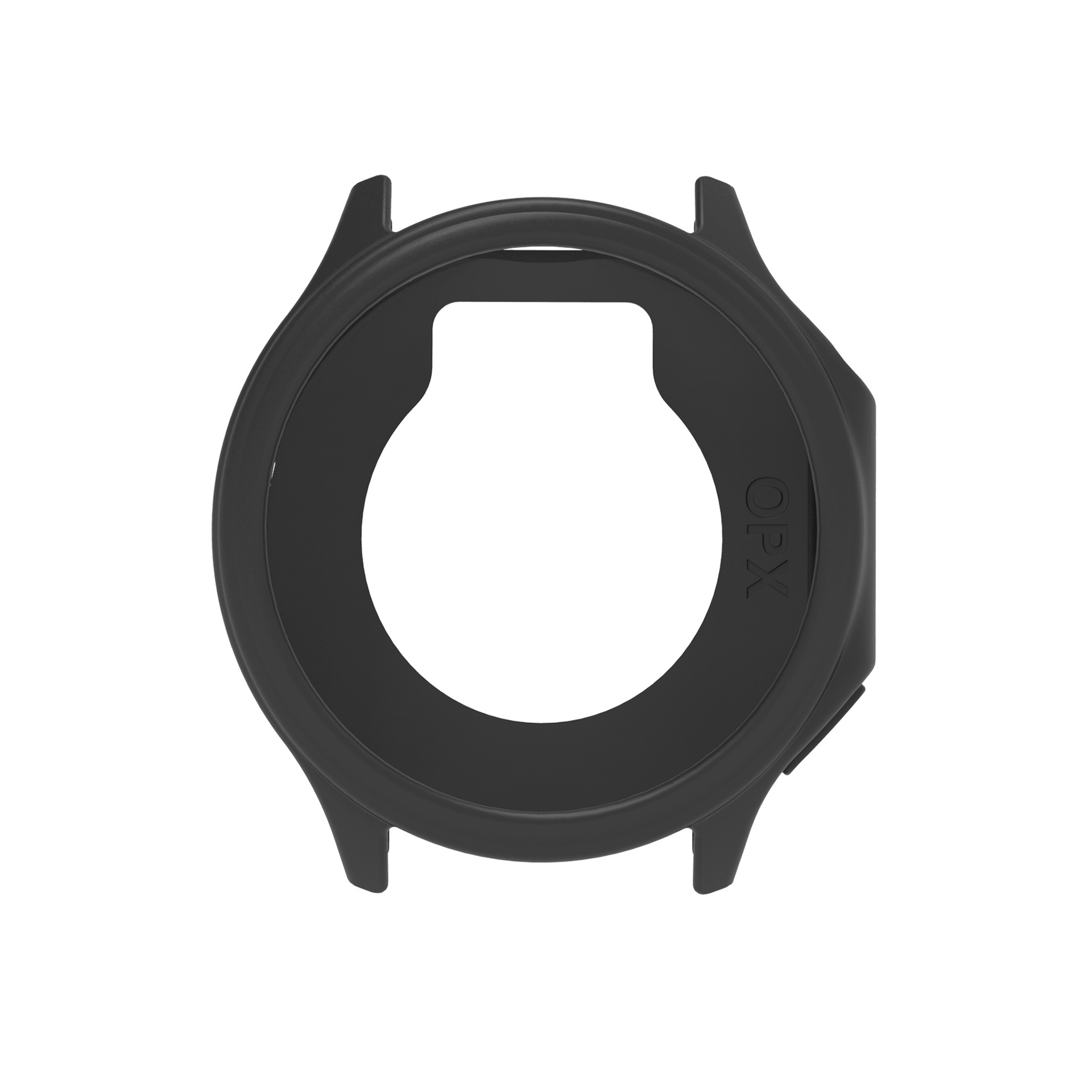 Cassa dell'orologio nera. La cassa ha una forma circolare con aperture per le funzioni dell'orologio.