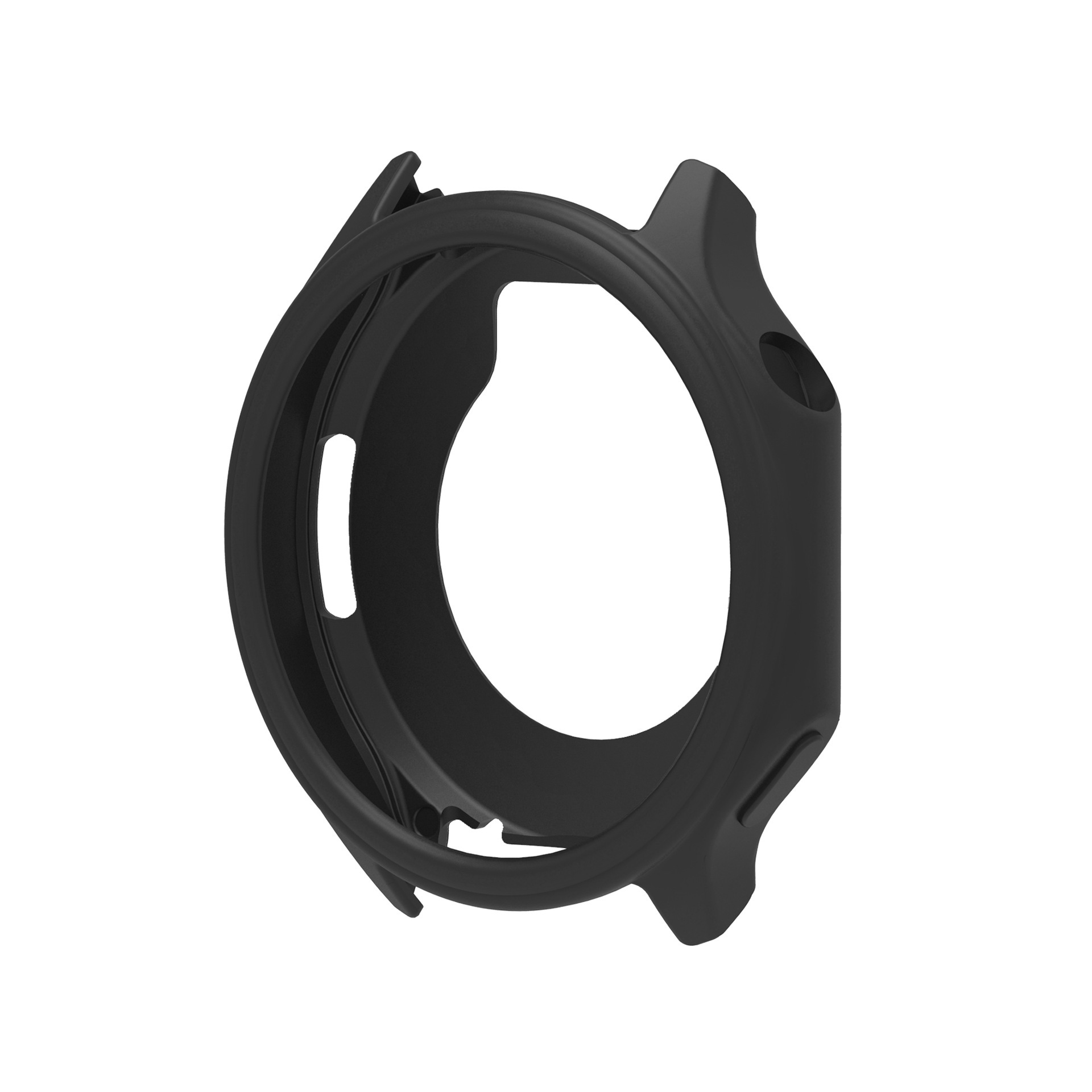 Custodia per smartwatch nera, forma circolare, con aperture per il quadrante e i pulsanti. Primo piano.
