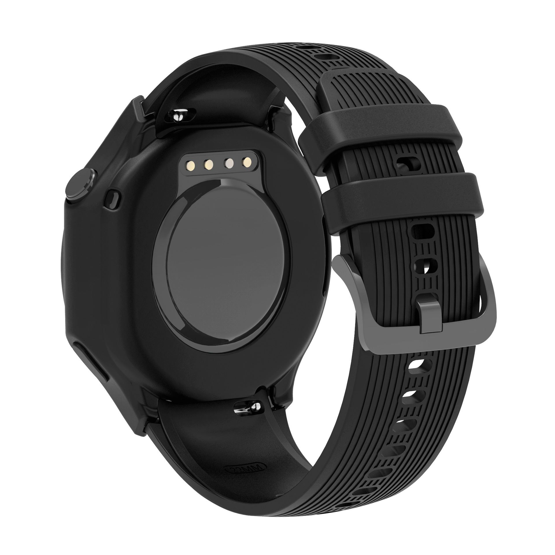 Smartwatch nera, vista posteriore, con cinturino nero e fibbia grigia.