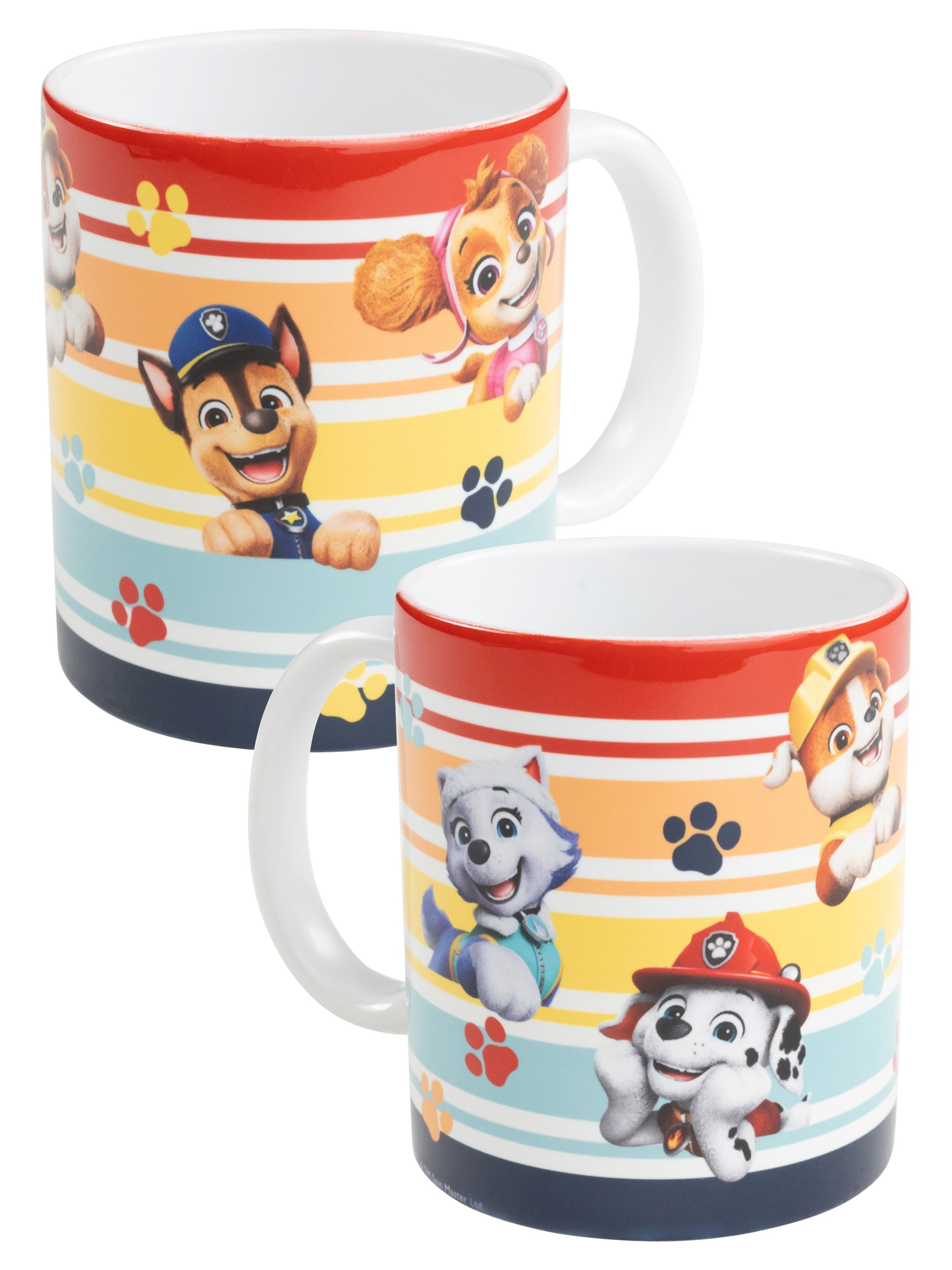 Zwei weiße Tassen mit Paw Patrol-Figuren bedruckt, vor weißem Hintergrund.