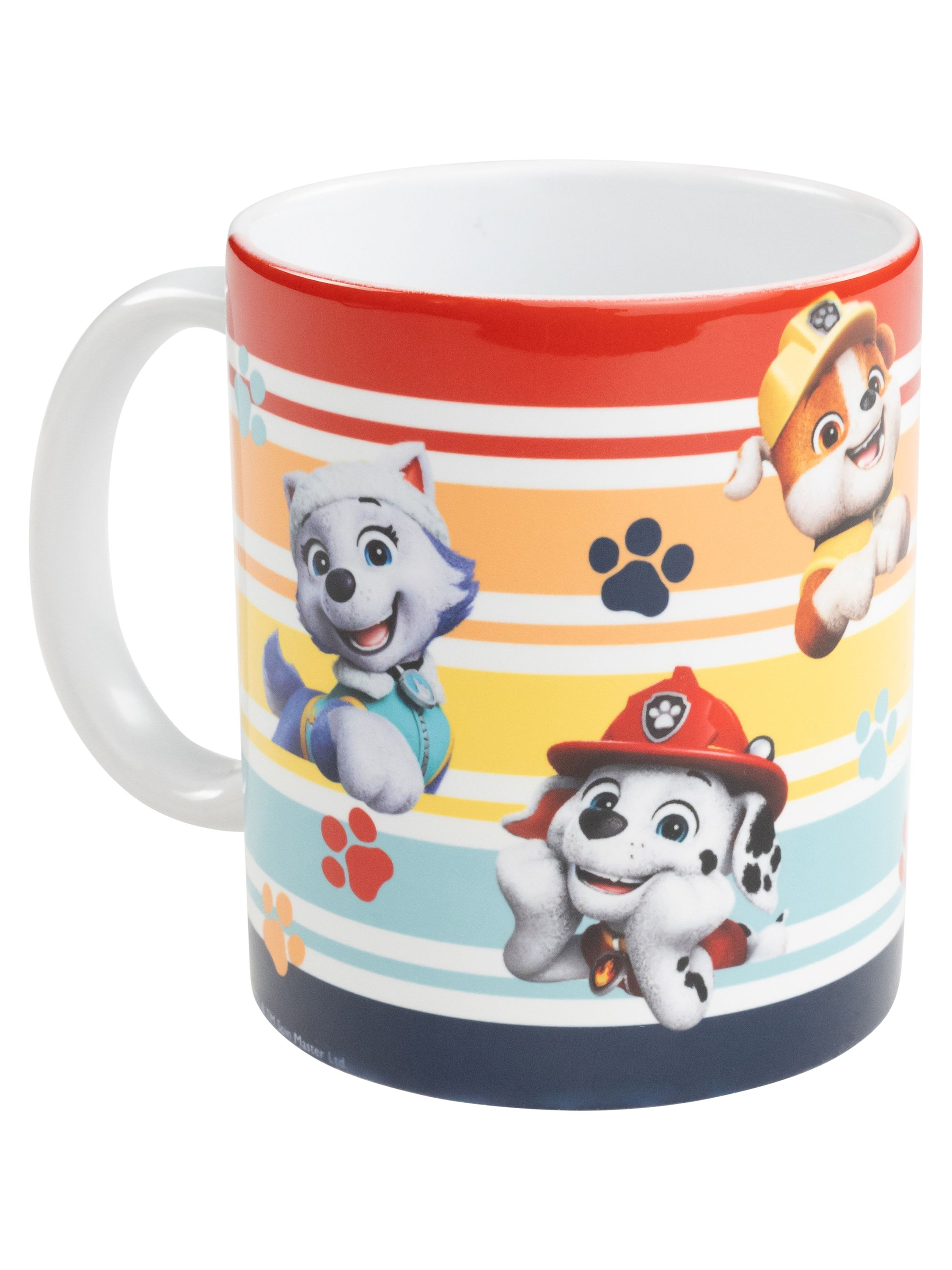 Tasse mit Paw Patrol-Charakteren und bunten Streifen.