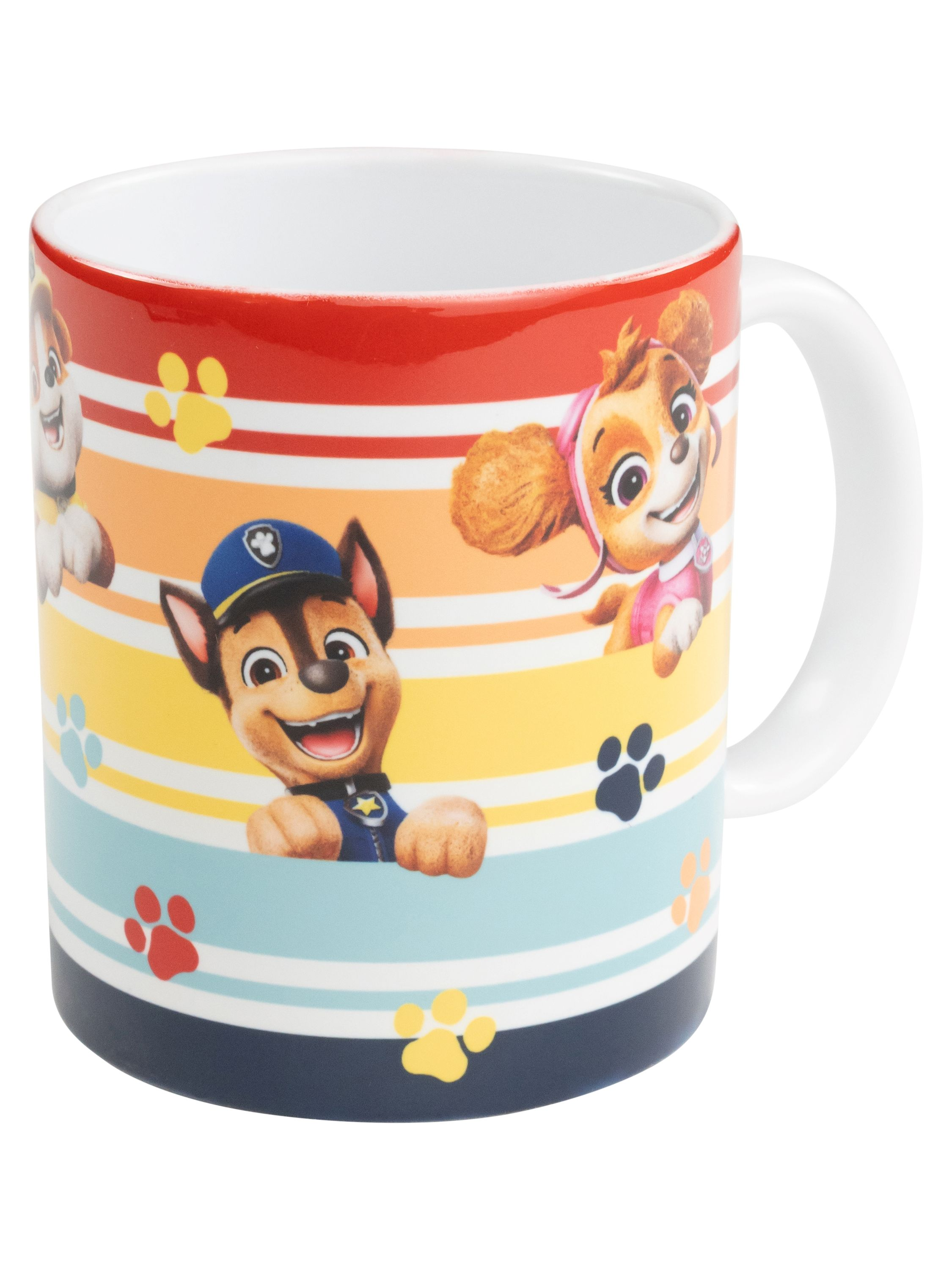 Bunte Tasse mit Zeichentrickfiguren. Paw Patrol Charaktere auf einer Tasse mit Streifen und Pfotenabdrücken.
