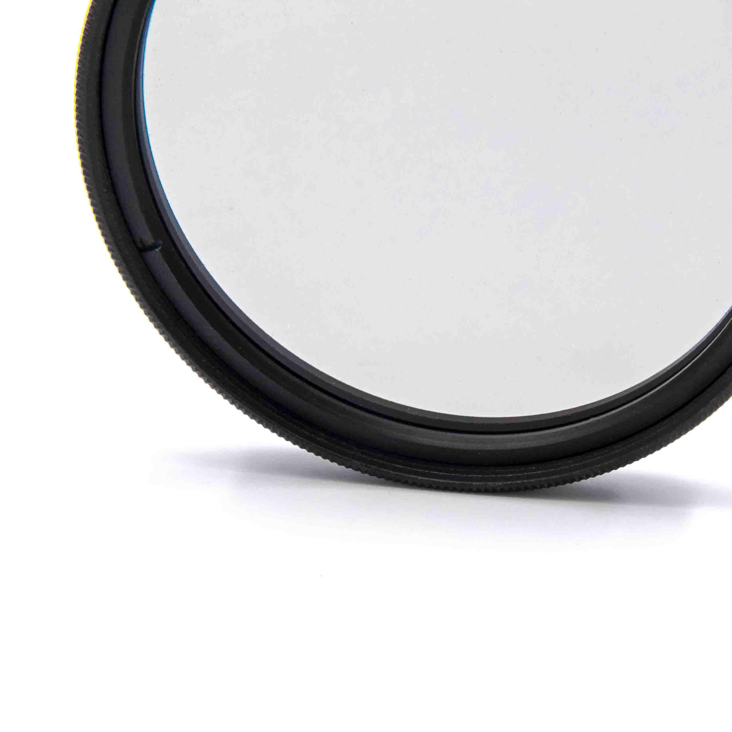 Nahaufnahme eines Kameraobjektivfilters. Der Filter ist schwarz, rund und hat ein dünnes, kreisförmiges Glas.