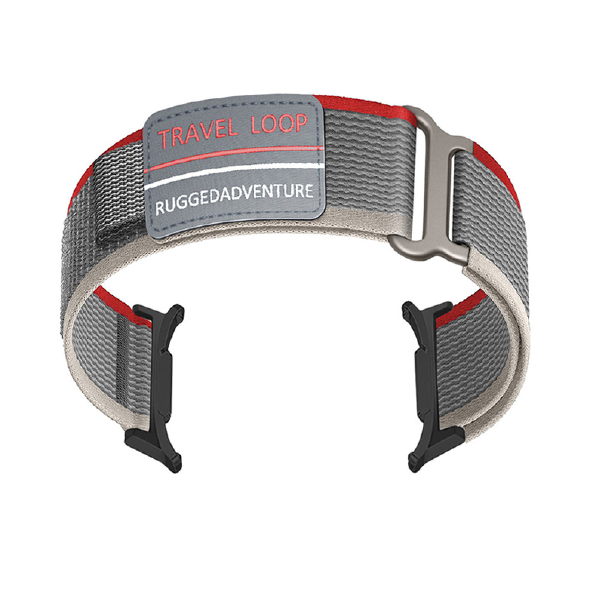 Graues und rotes Uhrenarmband mit dem Text 'TRAVEL LOOP' und 'RUGGEDADVENTURE'.