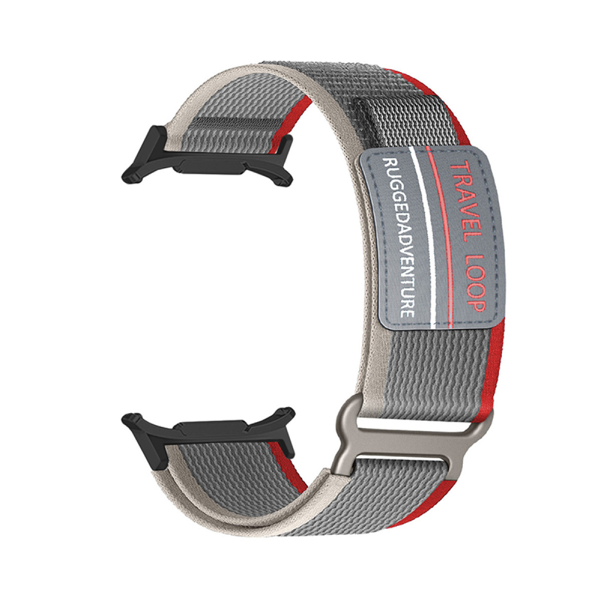 Graues Uhrenarmband mit roten Akzenten und schwarzem Stecker, beschriftet 'TRAVEL LOOP'.