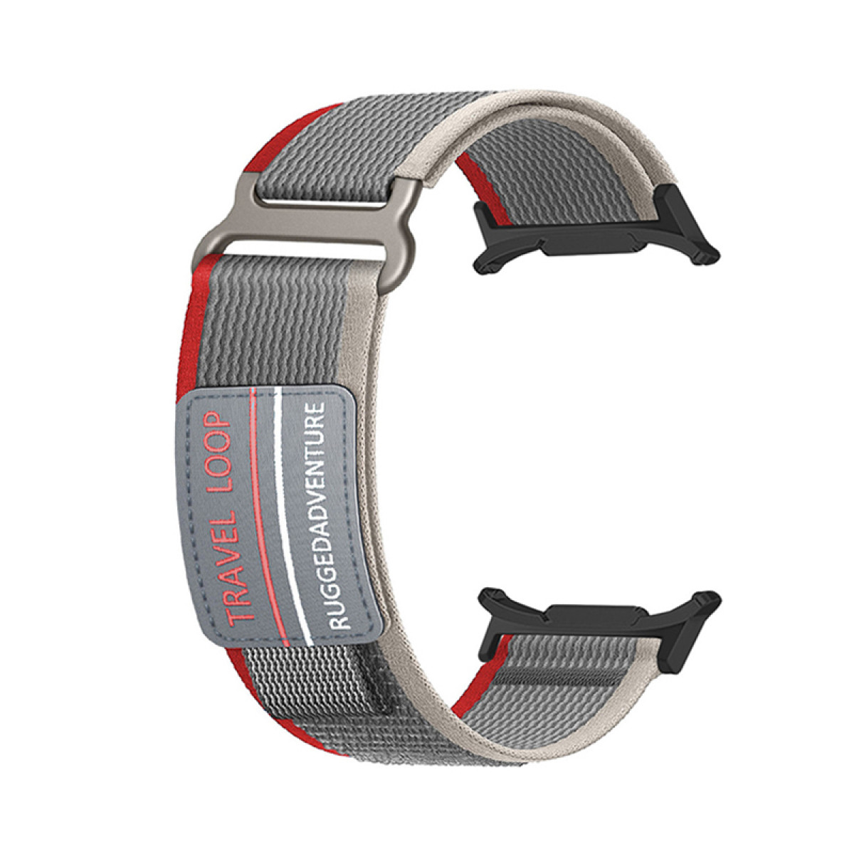 Graues und rotes Armband mit 'TRAVEL LOOP' und 'RUGGEDADVENTURE'. Schwarze Befestigungspunkte.