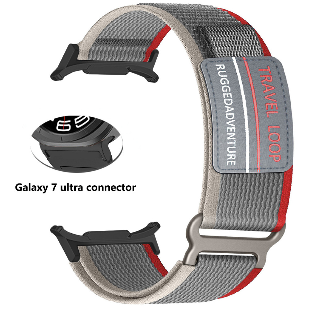 Ein grau-rotes Uhrenarmband mit Rugged Adventure-Etikett und Anschluss.