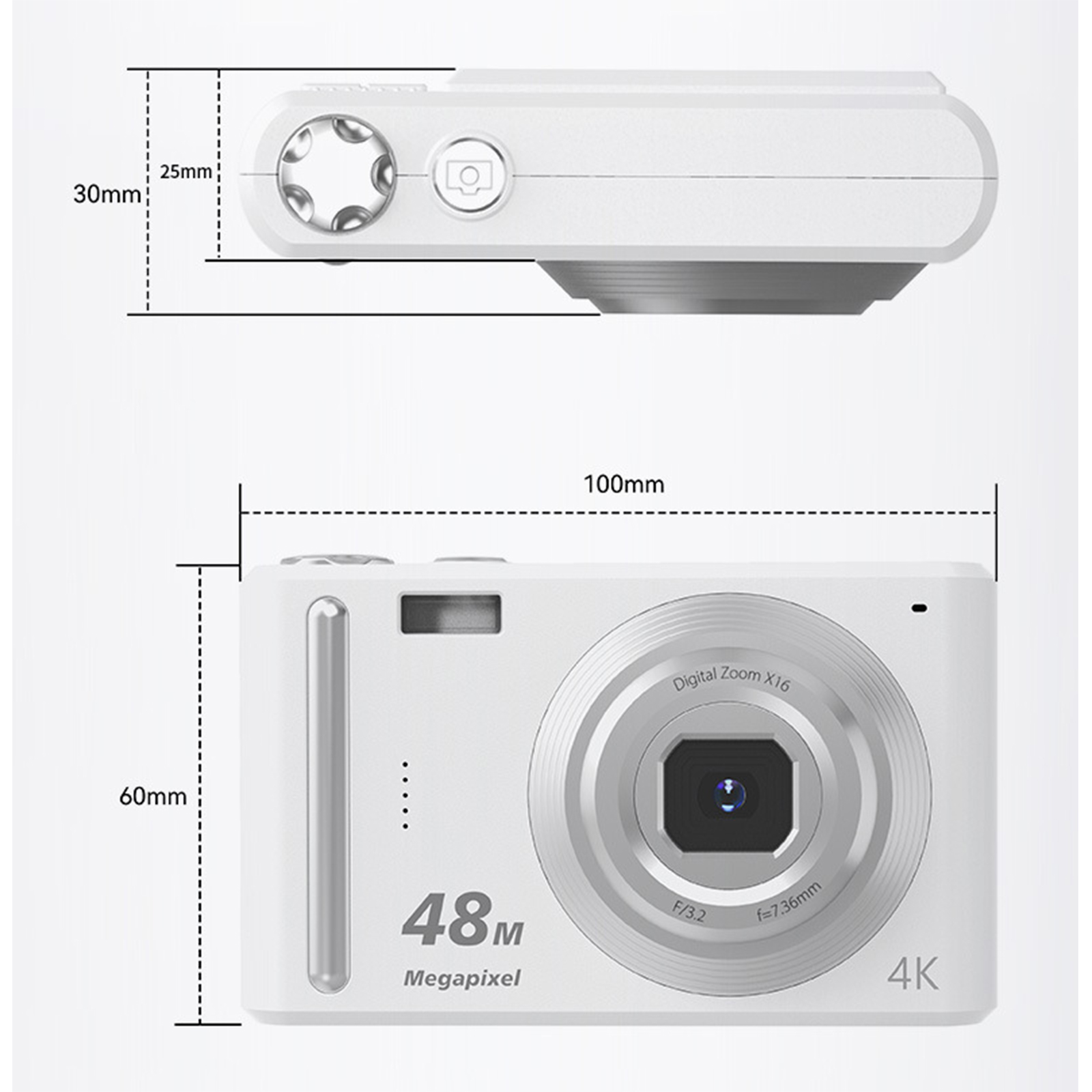 Weiße Kamera mit Maßangaben. Draufsicht und Frontansicht mit Zoomdetails und 48MP-Label.