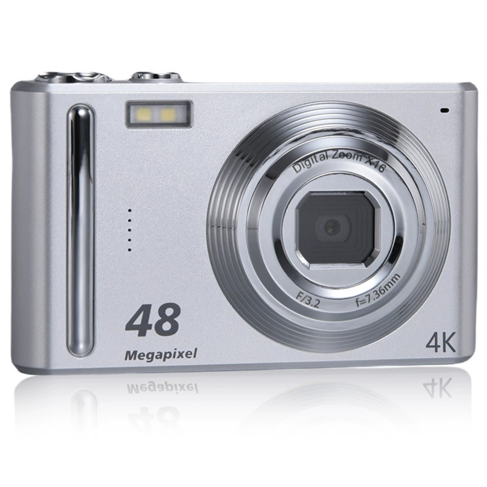 Silberne Digitalkamera mit Objektiv und Blitz, 48 Megapixel, 4K.