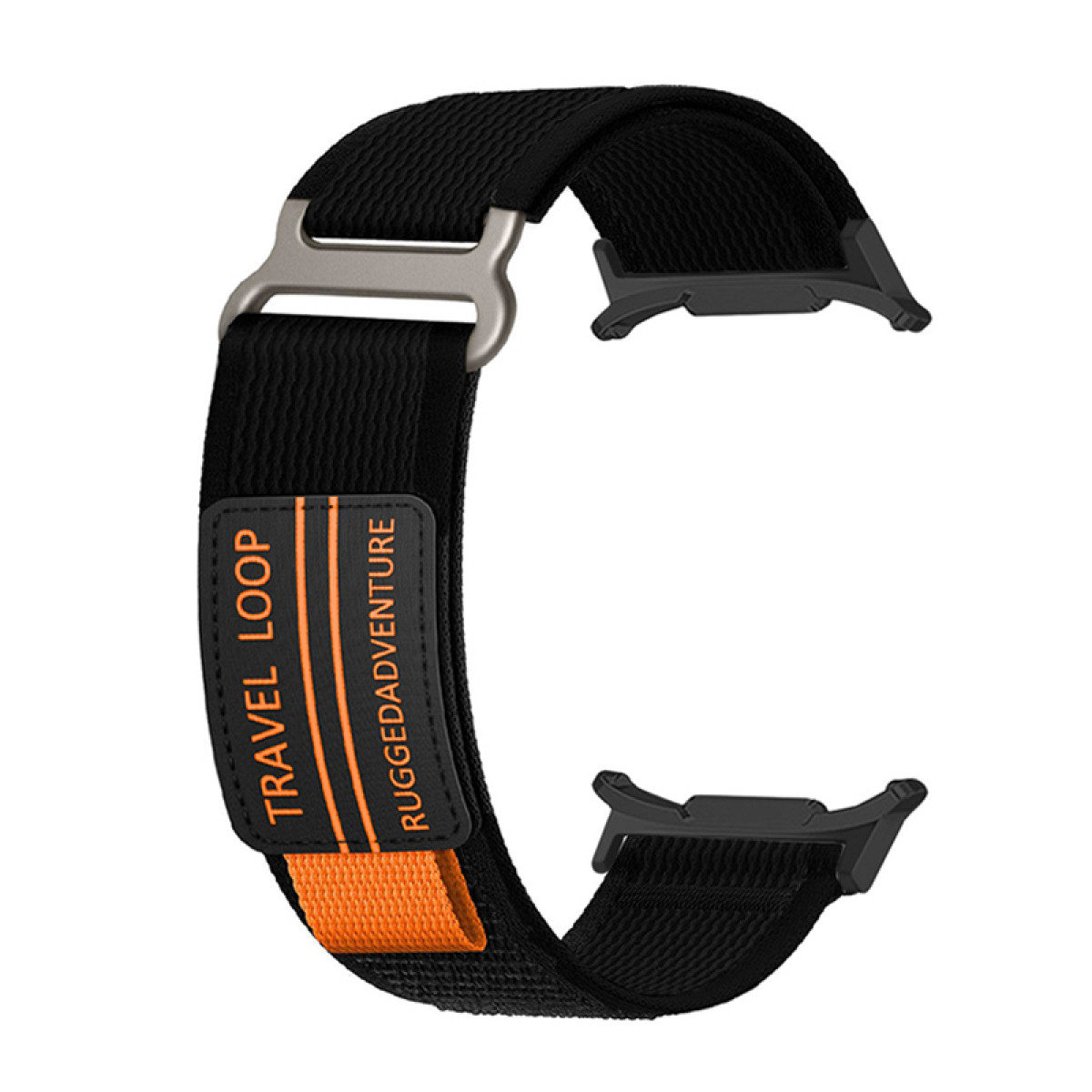 Schwarzes Uhrenarmband mit orangefarbenem Streifen und Text: Rugged Adventure.