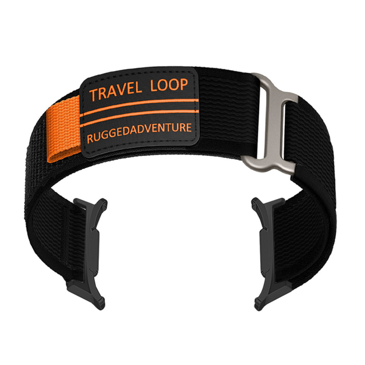 Schwarzes und oranges Uhrenarmband mit silberner Schnalle und Text 'TRAVEL LOOP' und 'RUGGEDADVENTVENTURE'.