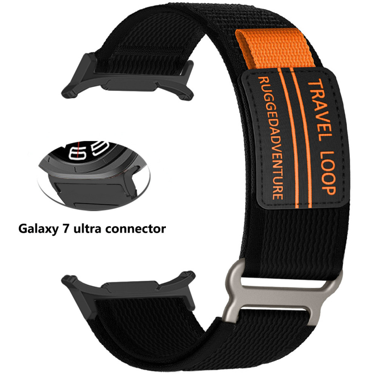 Schwarzes Uhrenarmband mit orangefarbenen Akzenten und Text. Mit robustem Design und Verbinder.