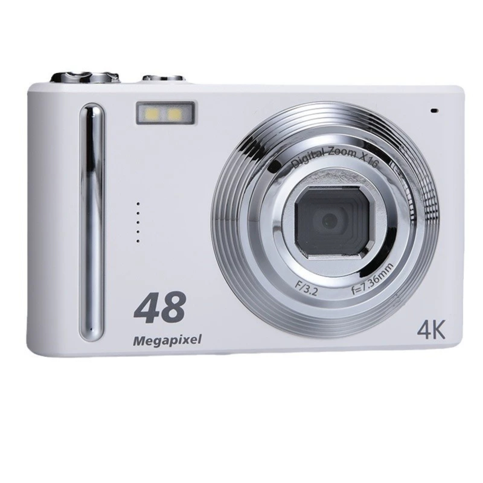 Weiße Digitalkamera mit silbernem Objektiv und Blitz. Sie hat 48 Megapixel Auflösung.