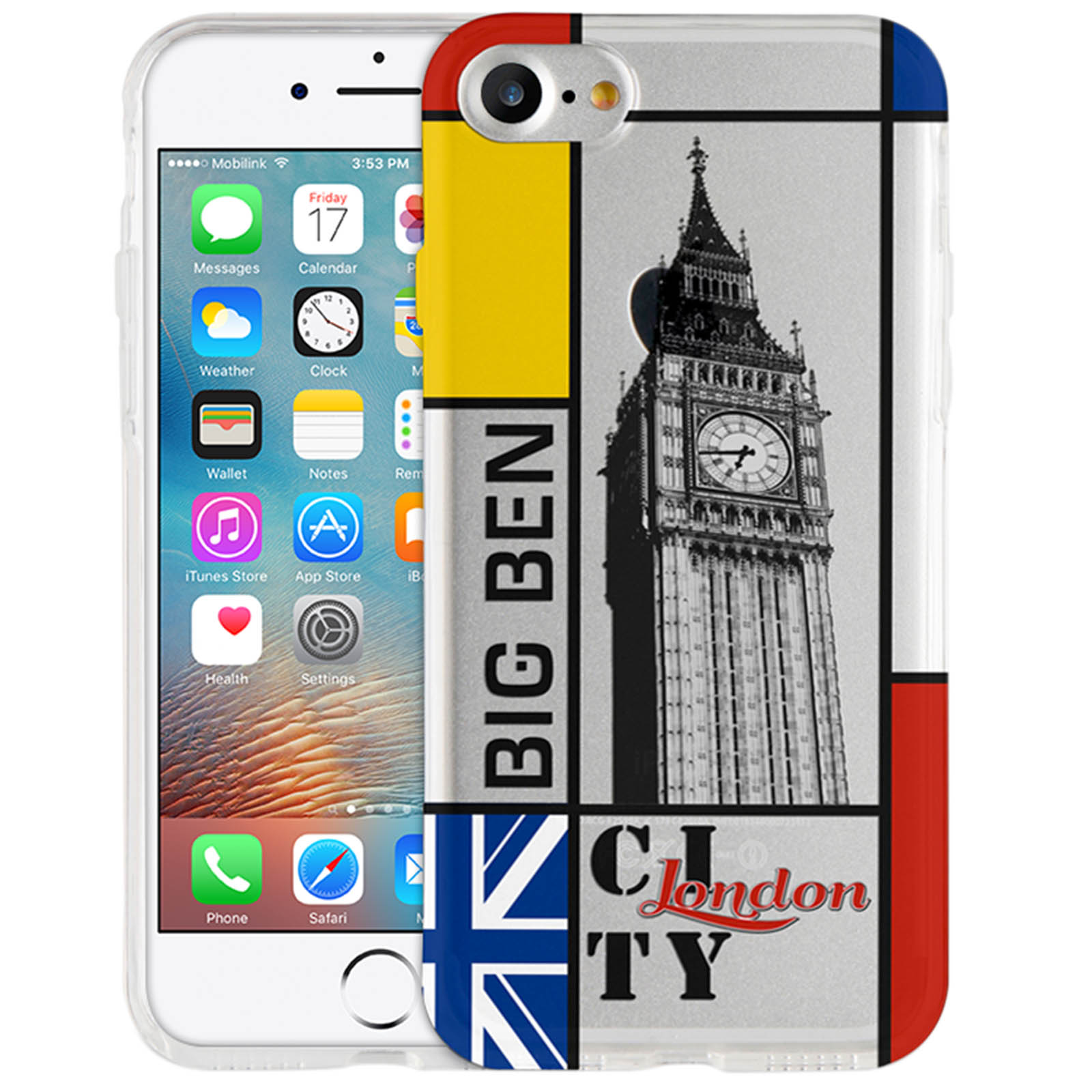 Un iPhone con una custodia a tema Londra con il Big Ben e la bandiera del Regno Unito.