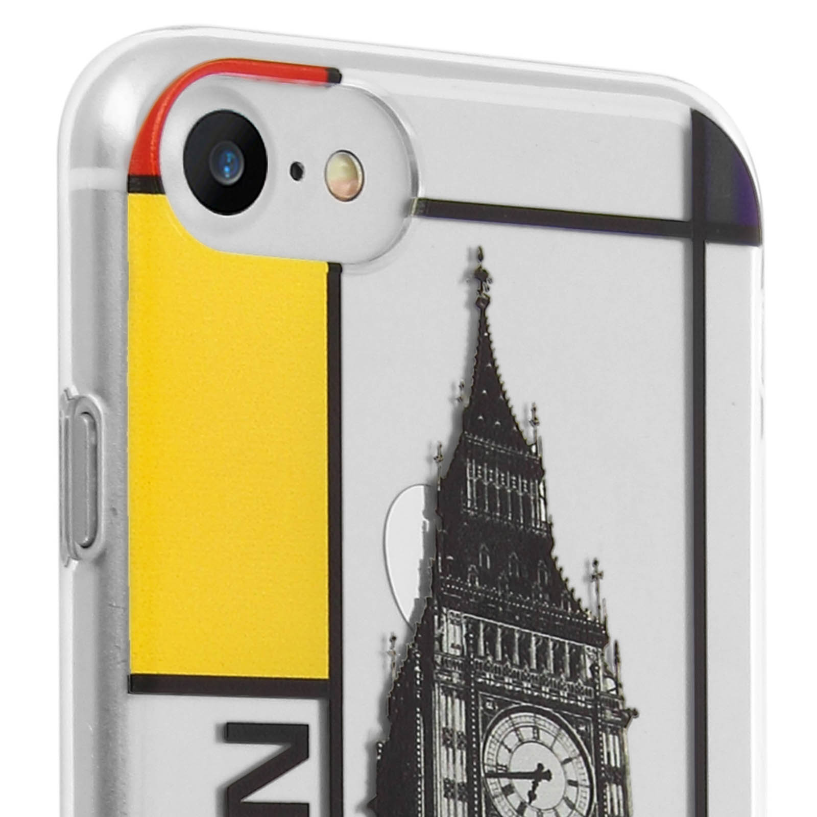 Custodia del telefono: immagine del Big Ben, accento giallo e rosso. Fotocamera e flash in alto a sinistra.