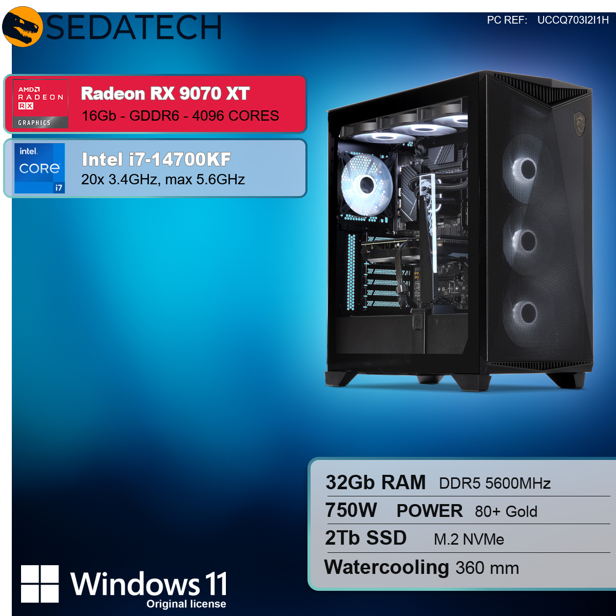 Obudowa komputera z przezroczystym panelem bocznym, pokazująca komponenty wewnętrzne. Informacje na górze: Radeon RX 9070 XT, Intel i7.