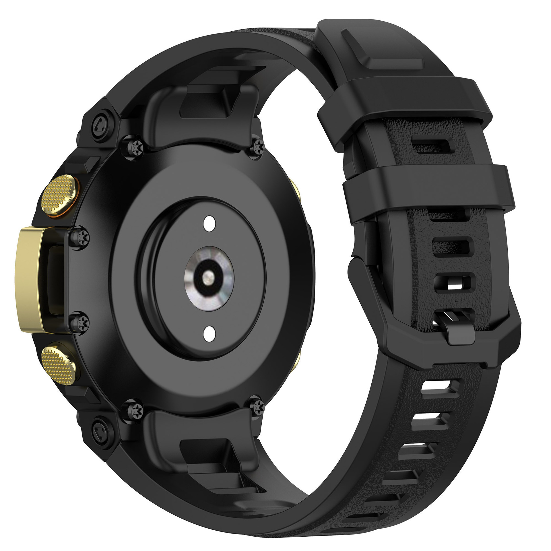 Schwarze Smartwatch mit goldenen Details, rundem Bildschirm und schwarzem Armband, schräge Ansicht, Nahaufnahme.