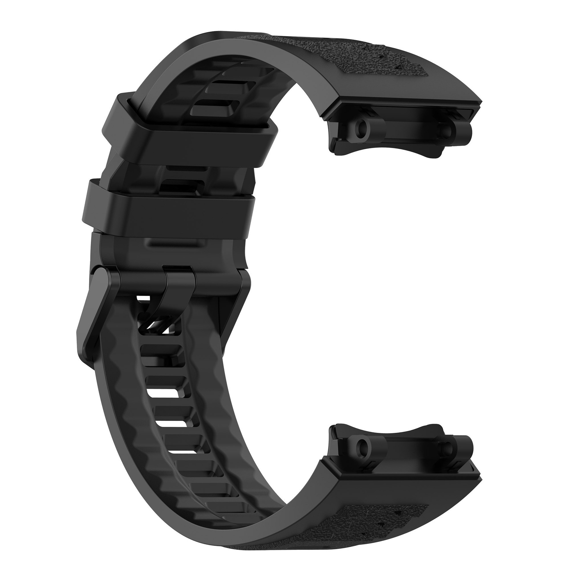 Schwarzes Armband, gebogene Form. Gummi mit strukturiertem Design. Mit Verbindungsteilen.