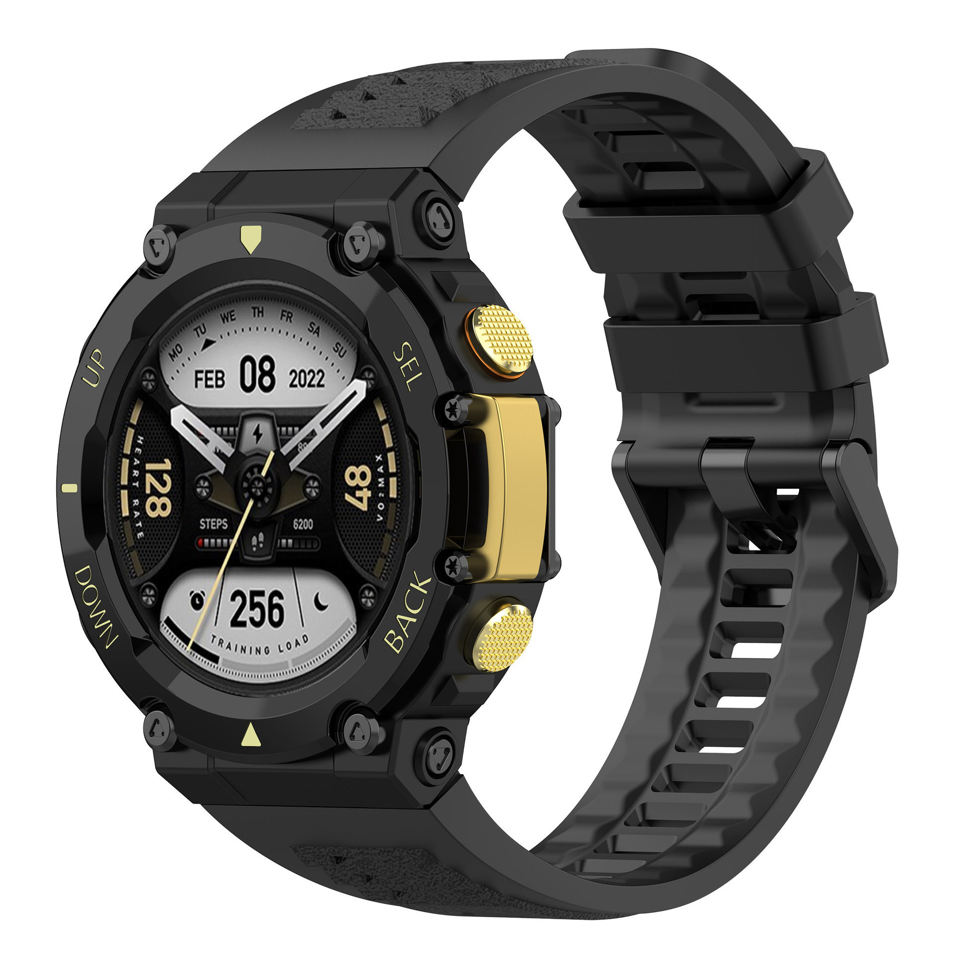 Schwarze Smartwatch mit goldenen Akzenten, die Zeit und Gesundheitsdaten anzeigt. Schwarzes Armband. Weißer Hintergrund.