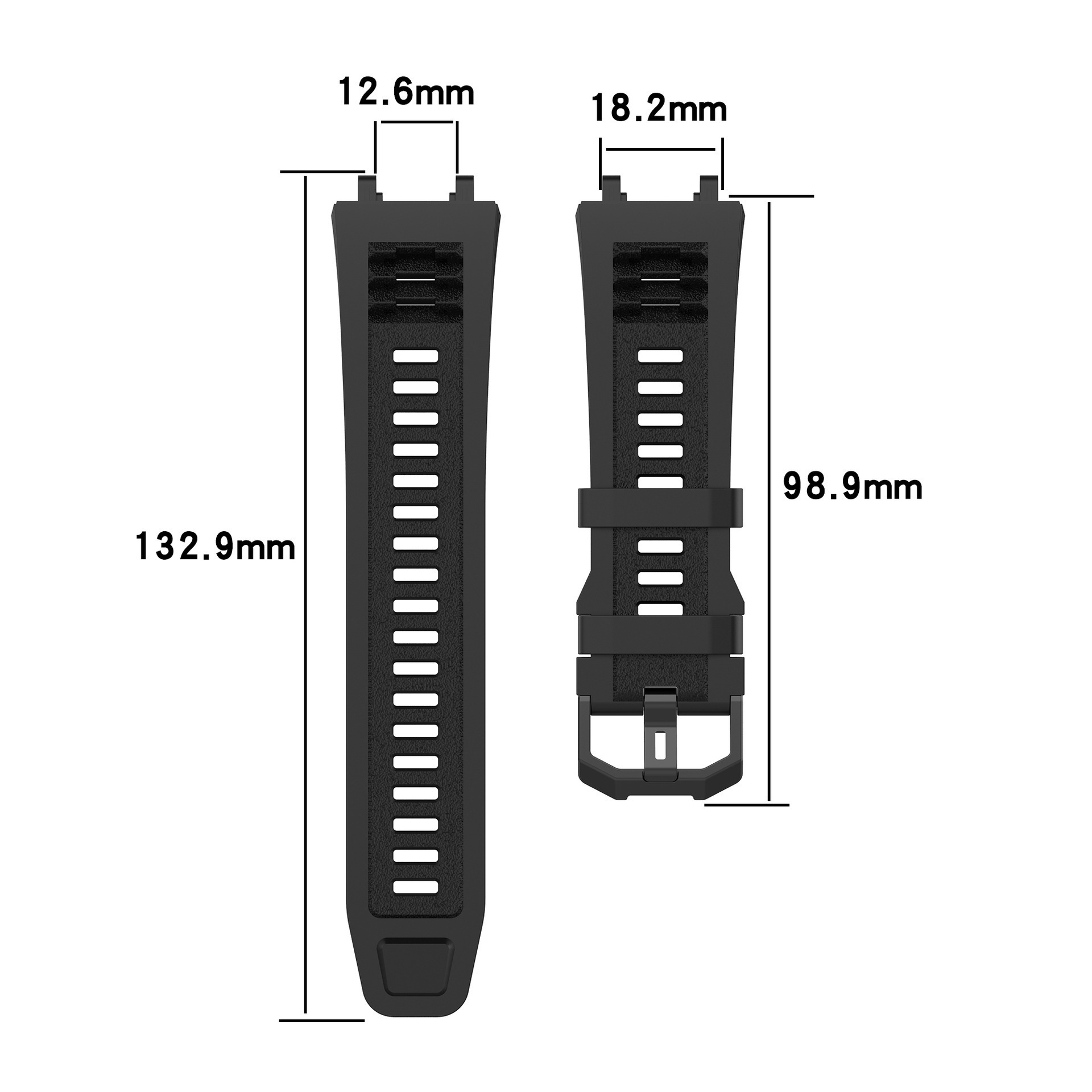 Zwei schwarze Uhrenarmbänder mit Abmessungen, einschließlich Längen und Breiten.