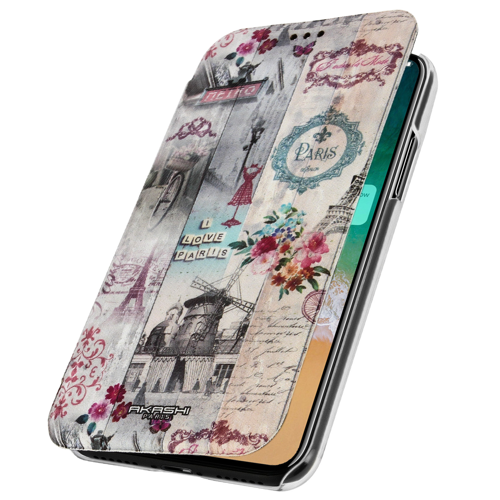 Una custodia per telefono con un design a tema Parigi. Presenta immagini di monumenti, fiori e testo.