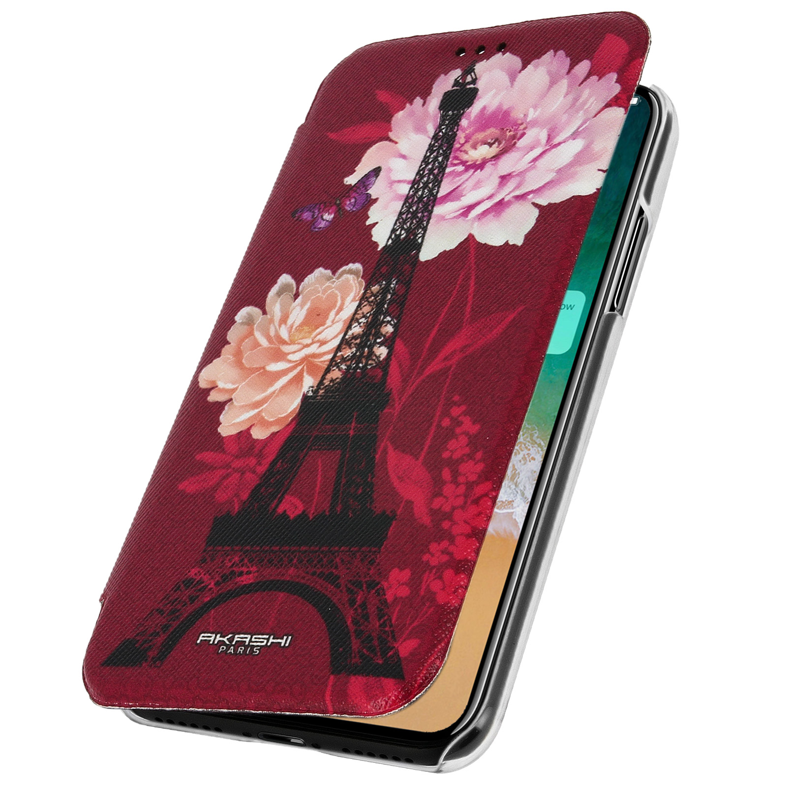 Custodia per telefono aperta con Torre Eiffel e fiori su sfondo rosso scuro.