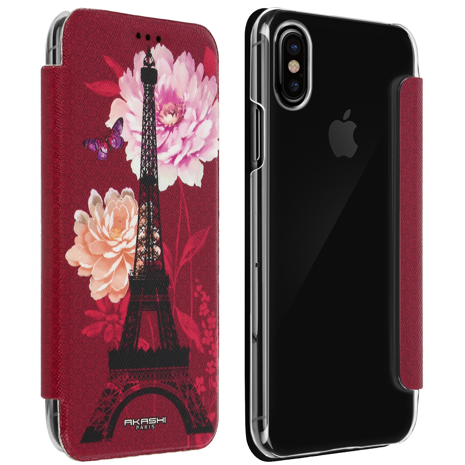 Custodia per telefono con design Torre Eiffel e fiori, su sfondo bianco.