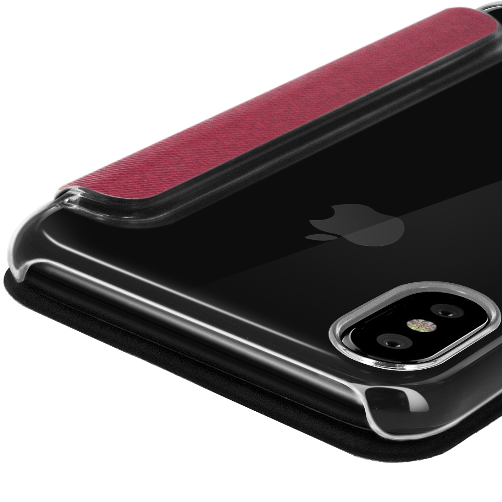Una custodia per telefono con manico rosso, su un telefono nero con il logo Apple visibile.