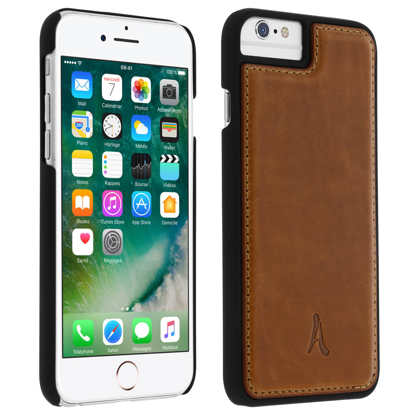 Un iPhone bianco con icone di app sullo schermo e una custodia in pelle marrone con un monogramma.