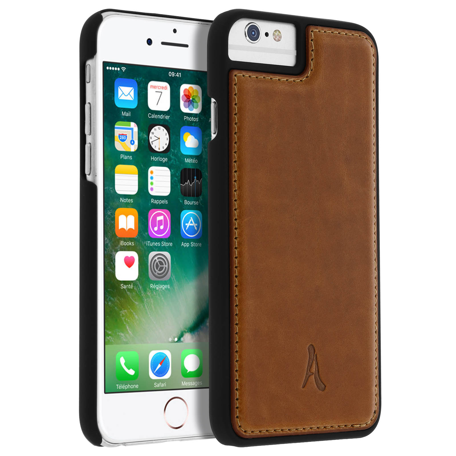 iPhone in custodia nera con retro in pelle marrone. Lo schermo mostra le app.