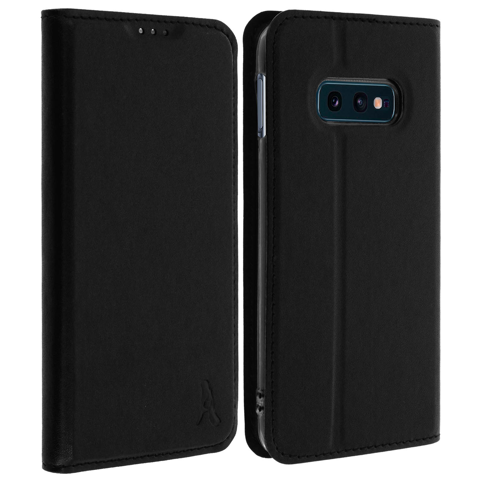 Custodia per telefono nera, aperta per mostrare il telefono. La custodia è in pelle nera.