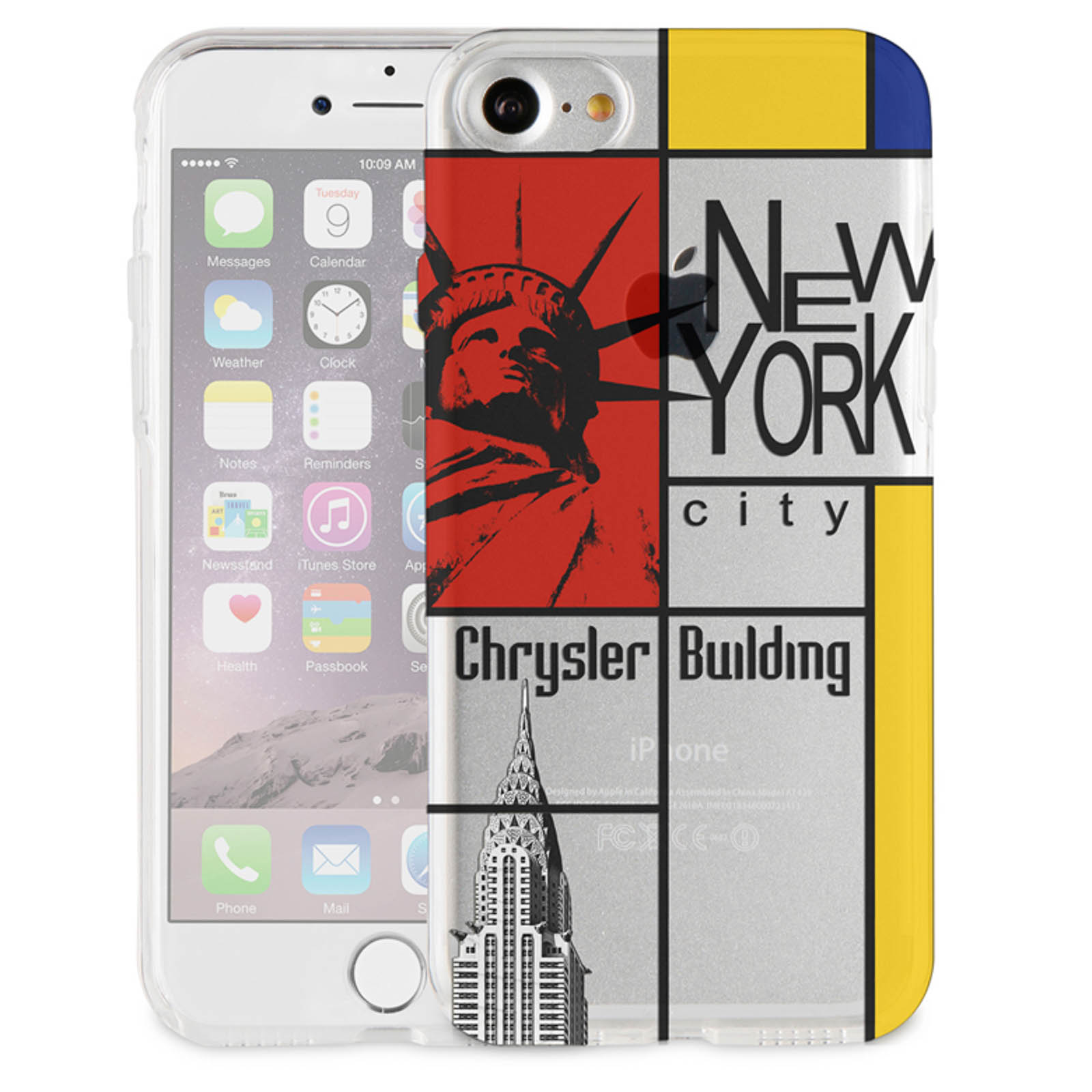 iPhone in una custodia con un design artistico di New York City con la Statua della Libertà e il Chrysler Building.