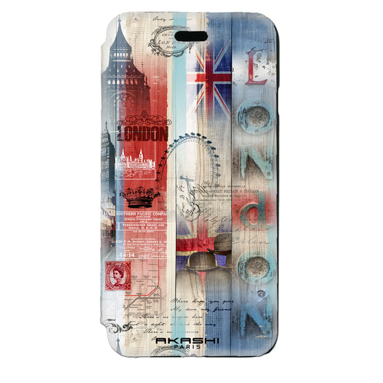 Una custodia per telefono con un design a tema Londra con una Union Jack e il London Eye.