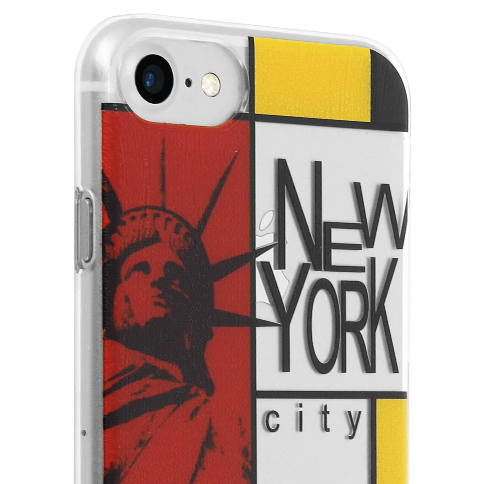 Custodia per telefono con un design colorato con New York City e la Statua della Libertà. La custodia ha un bordo trasparente.