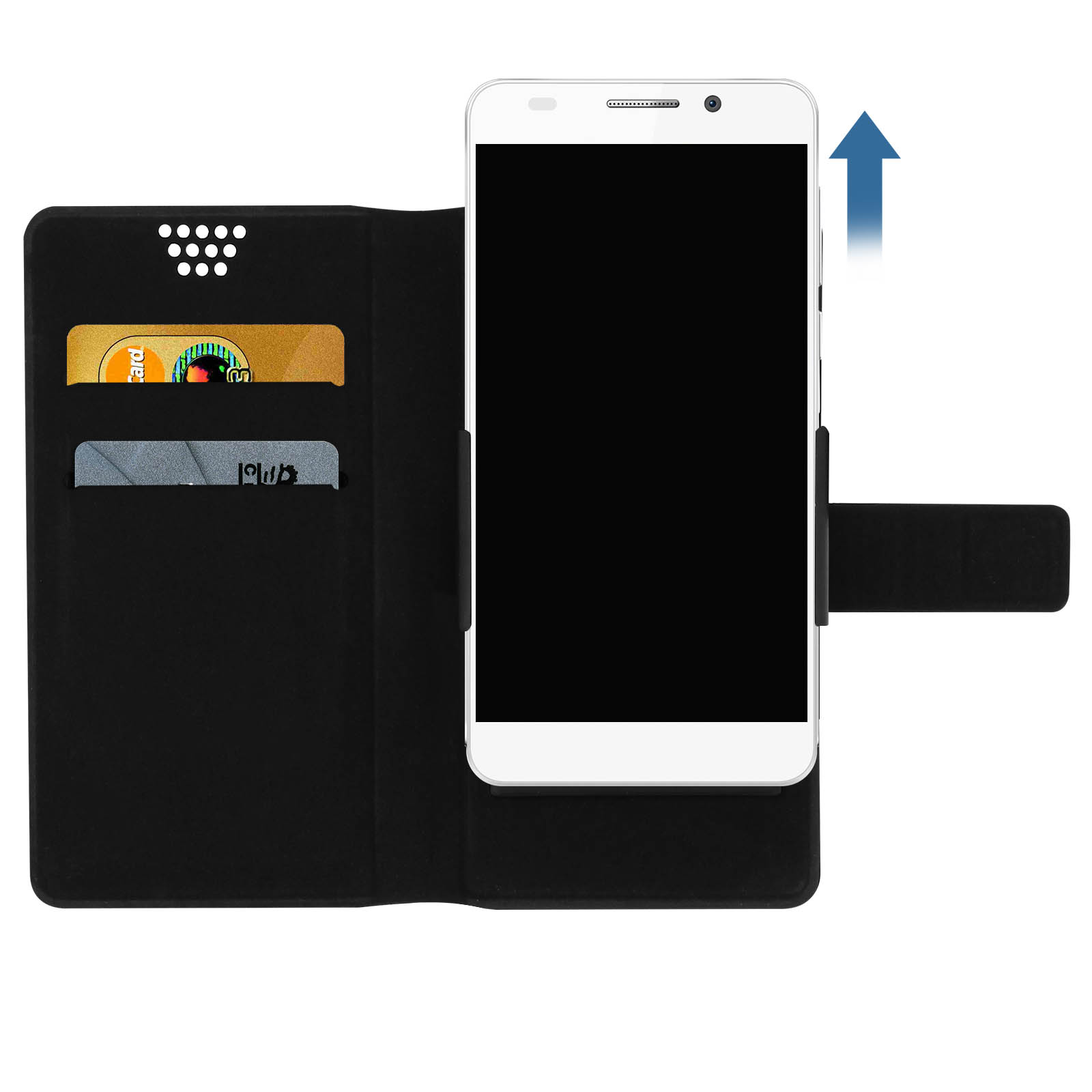 Telefono in una custodia nera. Il telefono è bianco e la custodia ha fessure per carte.