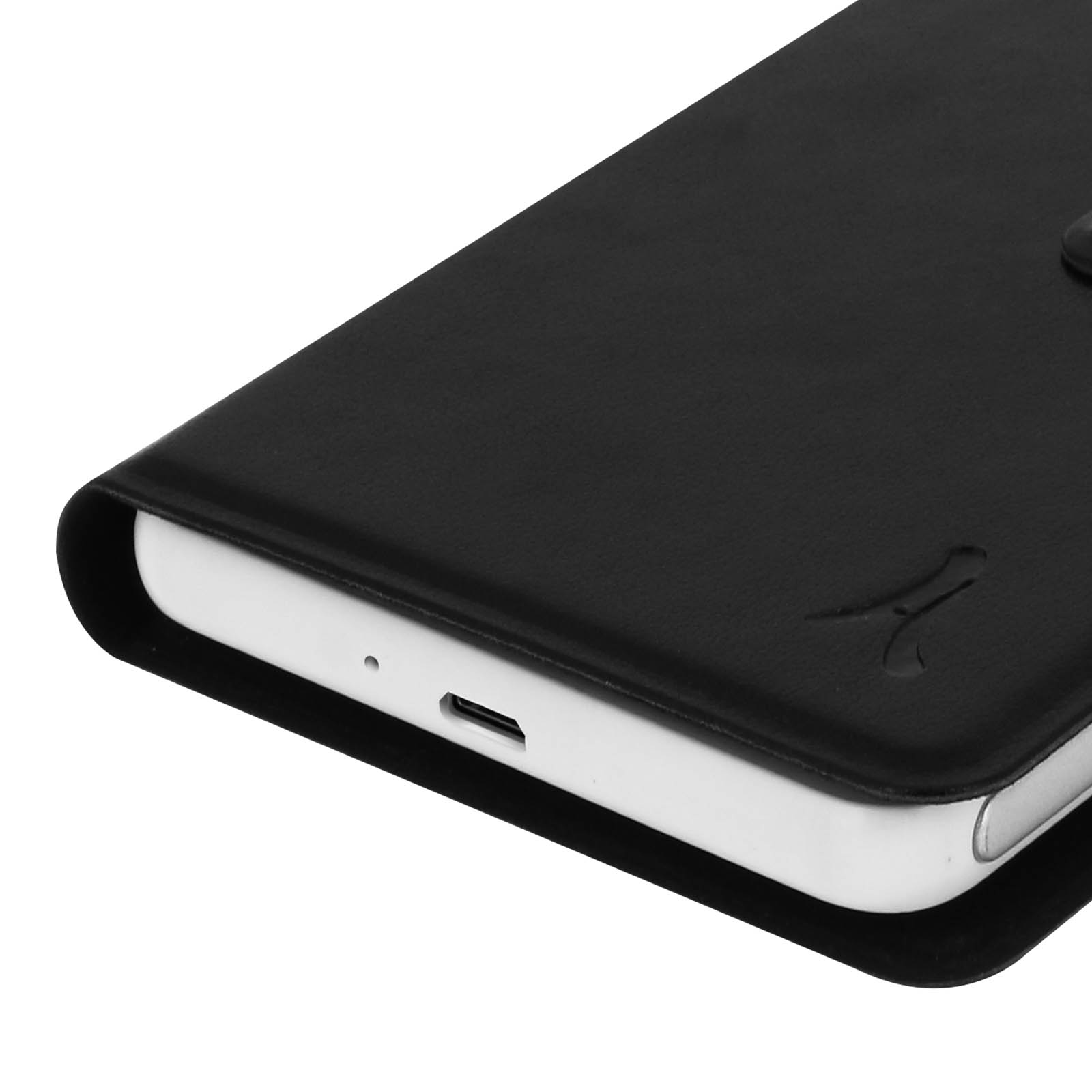 Una custodia nera per telefono, con un telefono parzialmente inserito e un piccolo logo sulla cover.