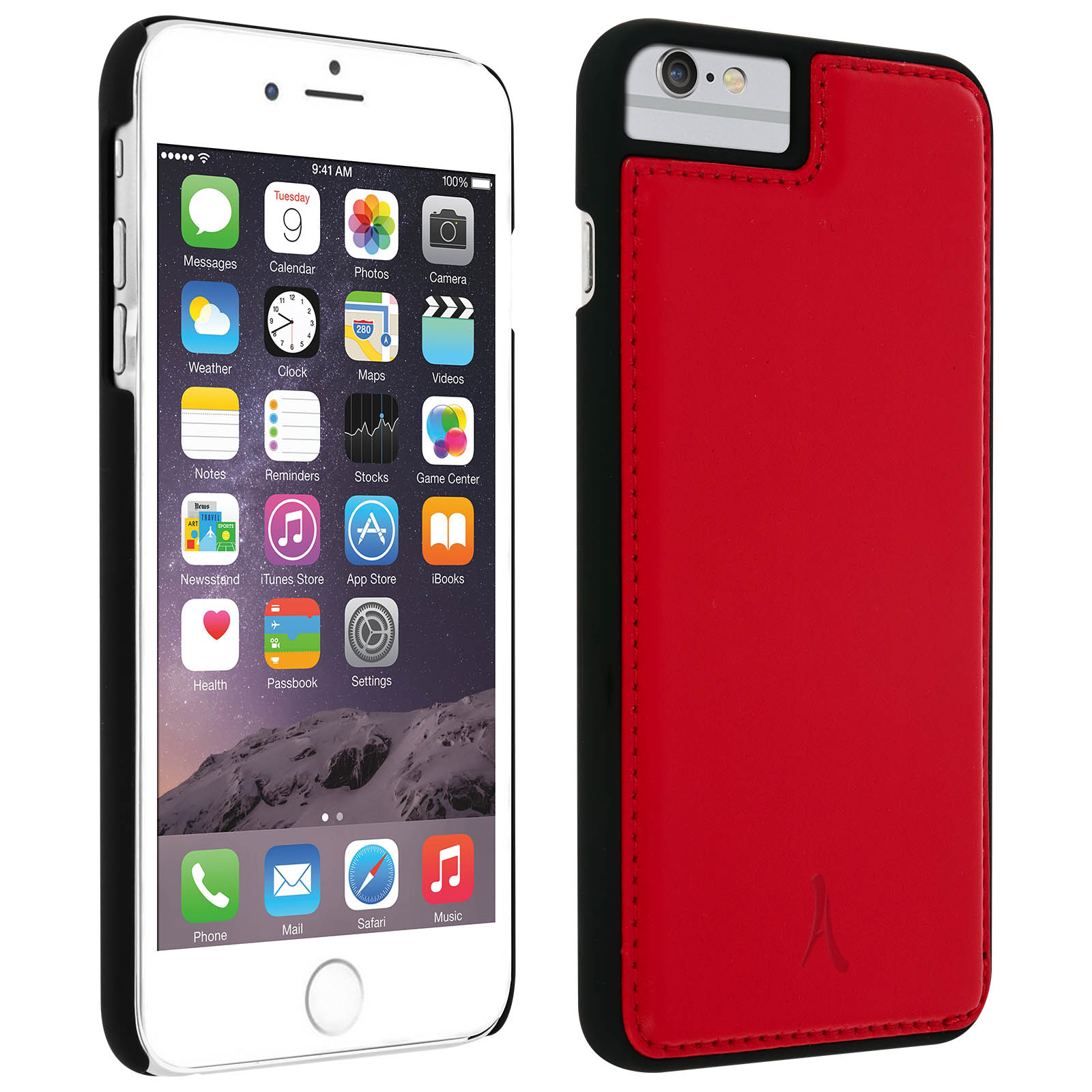Un iPhone con custodia in pelle rossa. Il telefono mostra la schermata iniziale.