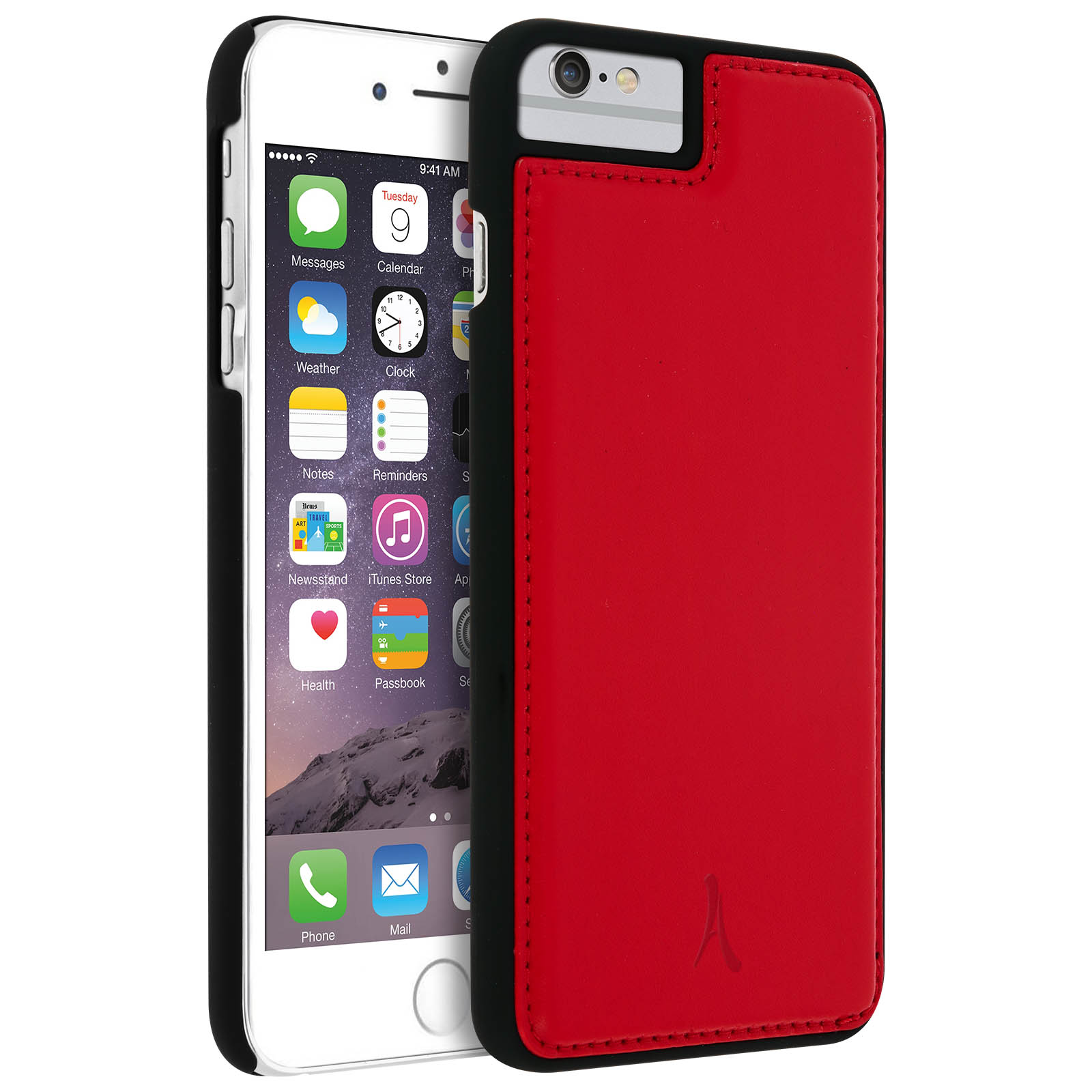 Un iPhone bianco in una custodia rossa e nera. Il telefono mostra la schermata iniziale.