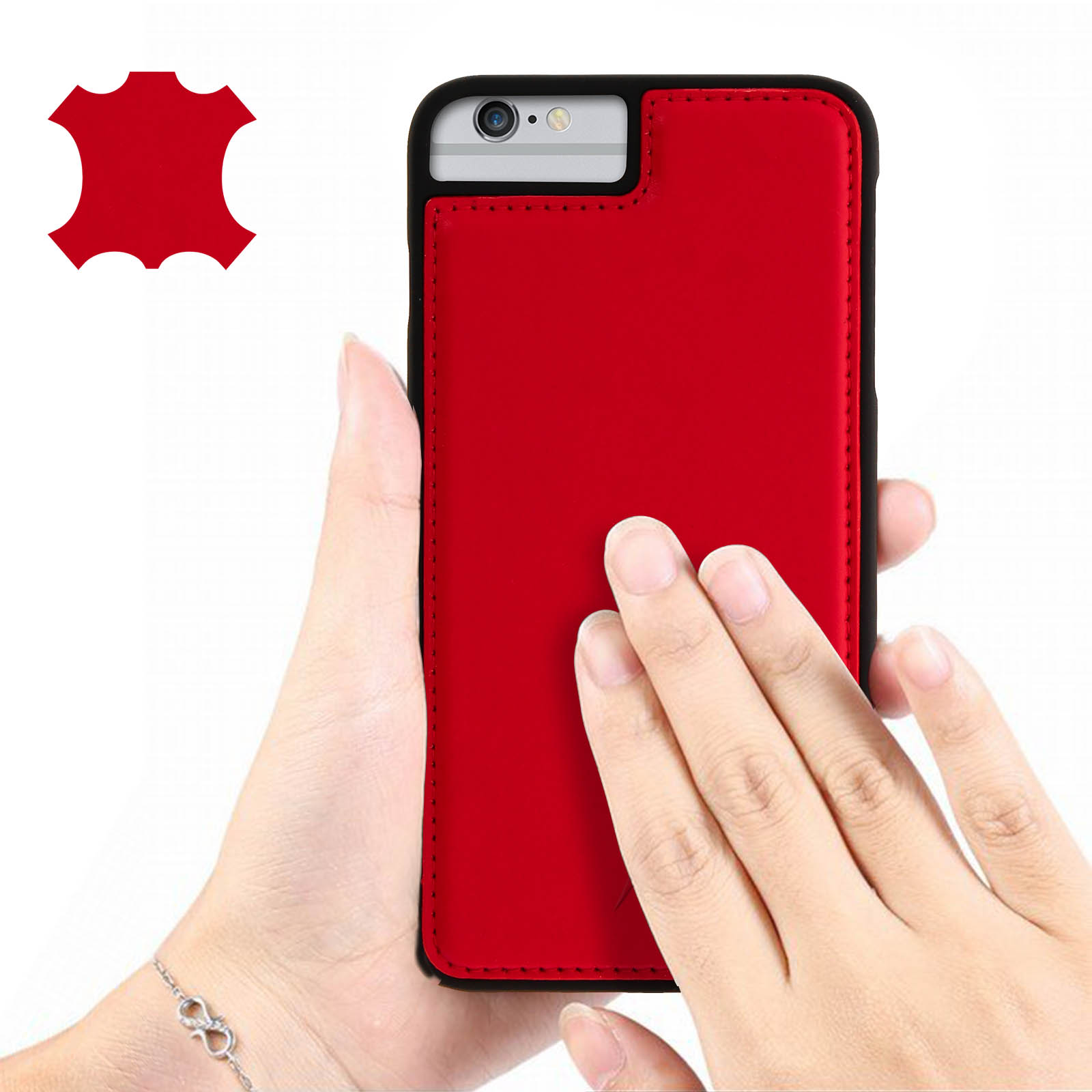 Mani che tengono una custodia rossa per telefono accanto a un logo in pelle rossa su sfondo bianco.
