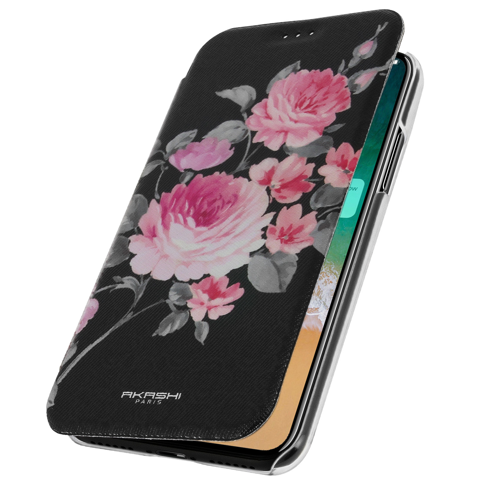 Custodia per telefono nera con design floreale, fiori rosa su nero. La custodia è aperta.