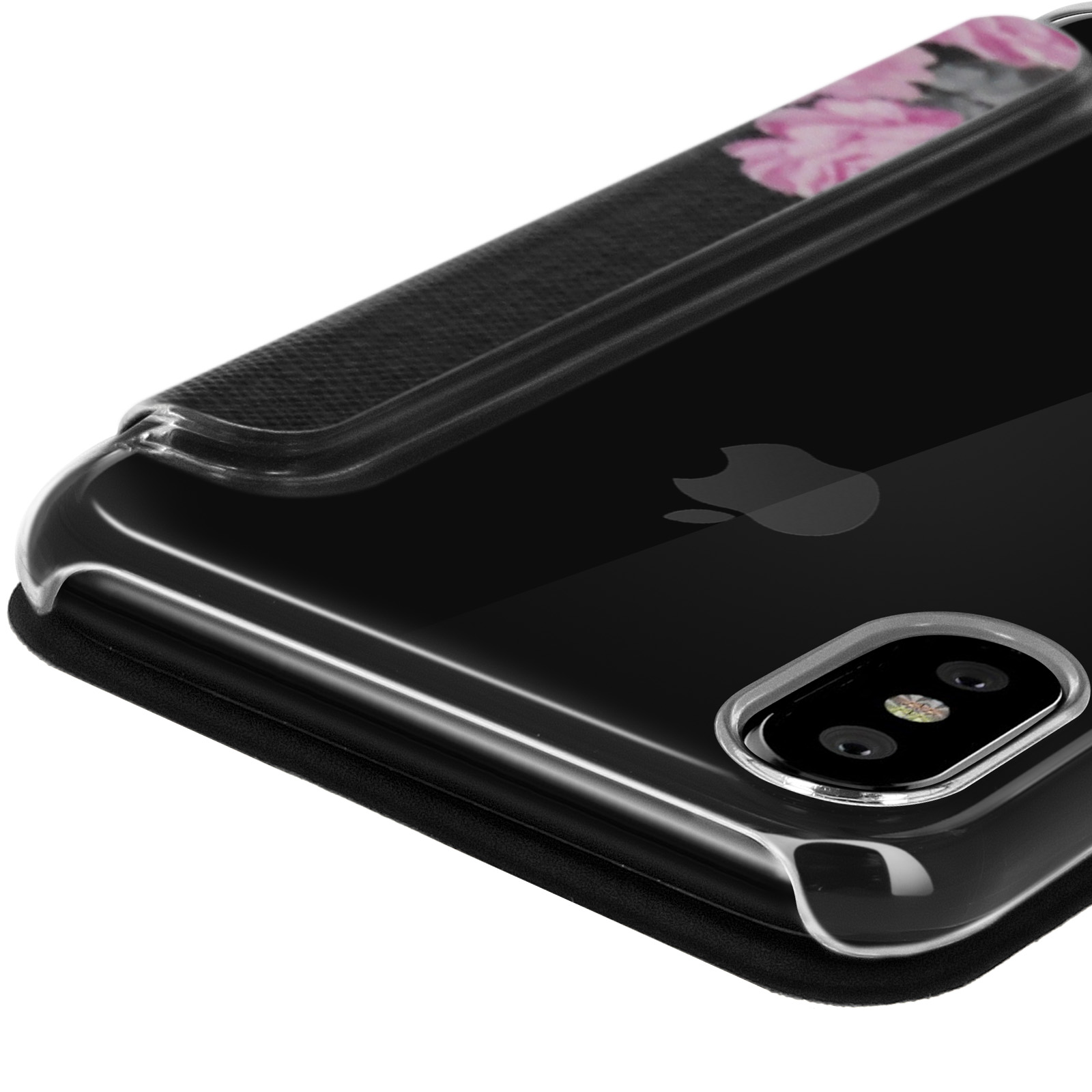 Custodia trasparente con design floreale sul retro, su un telefono nero. Vista ravvicinata.