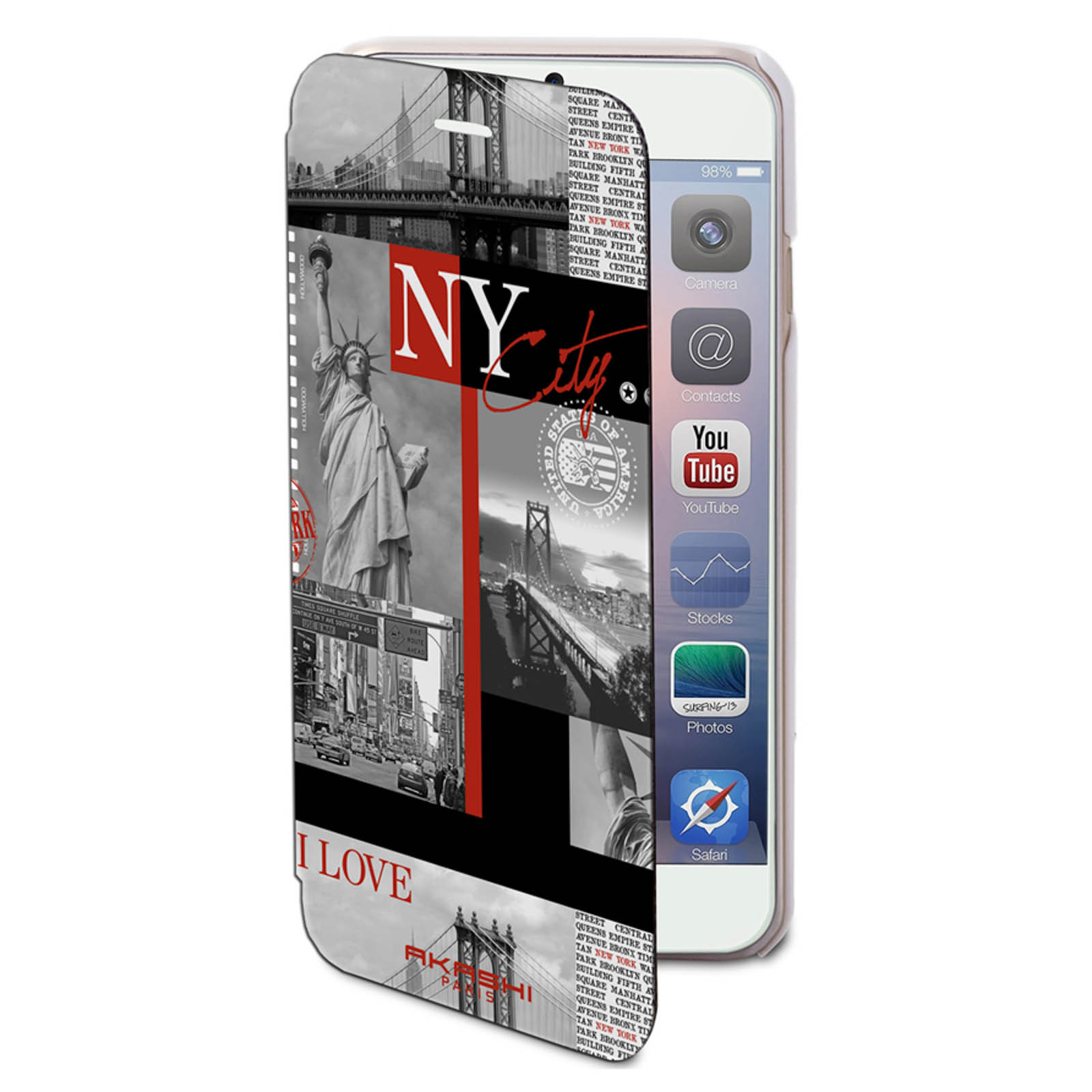 Un iPhone in una custodia con un design a collage di New York City. Sfondo bianco.