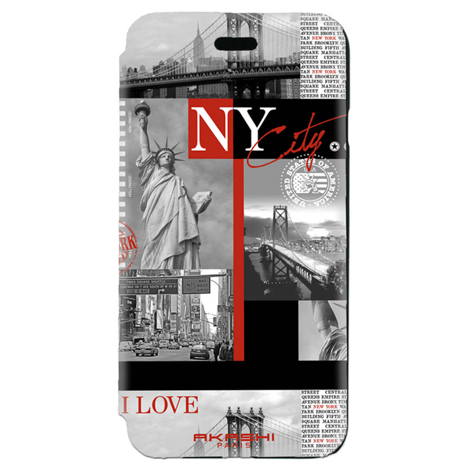 Custodia per telefono con monumenti di New York, Statua della Libertà e testo 'I LOVE NY'.