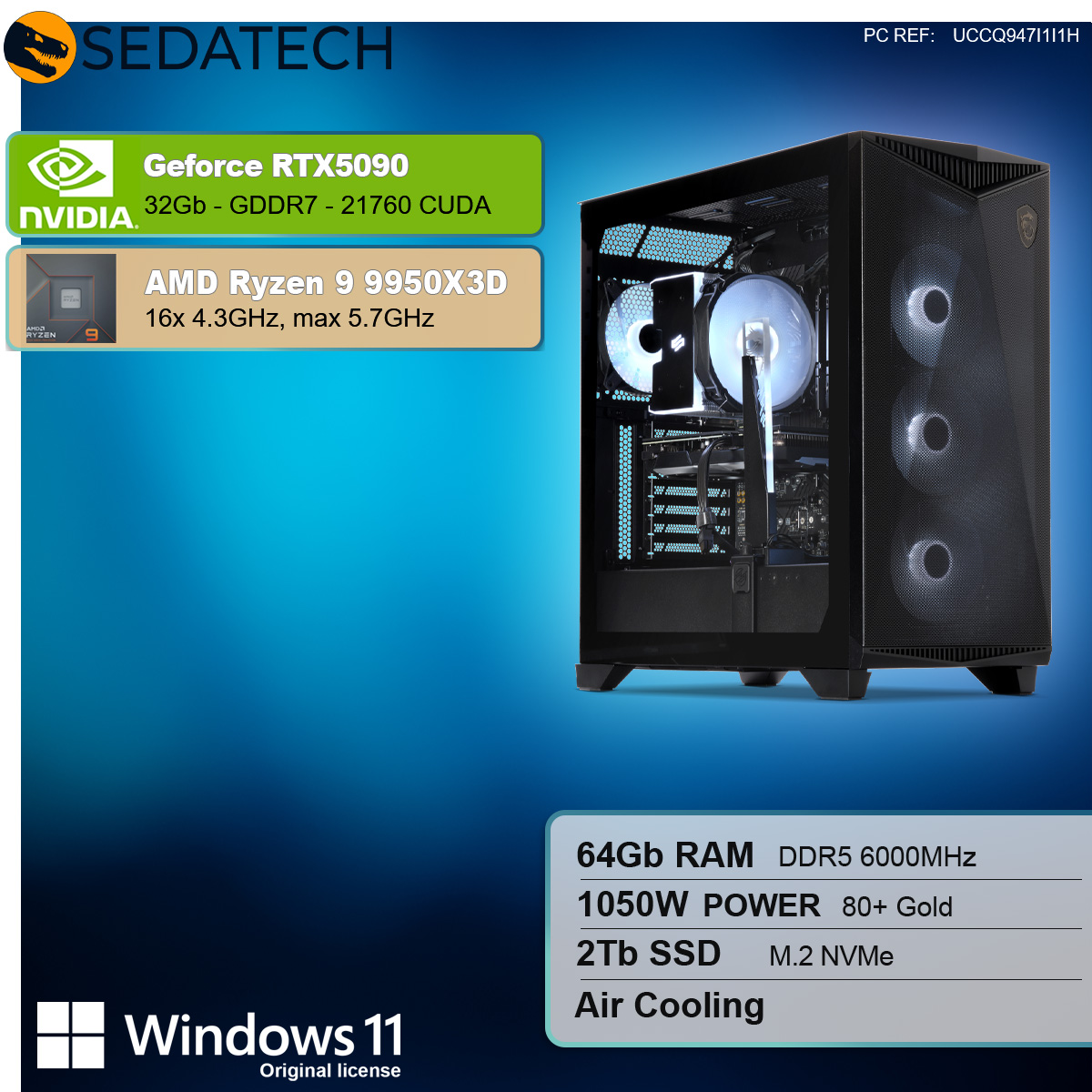 Un case per computer nero con componenti, testo e loghi che dettagliano le specifiche.