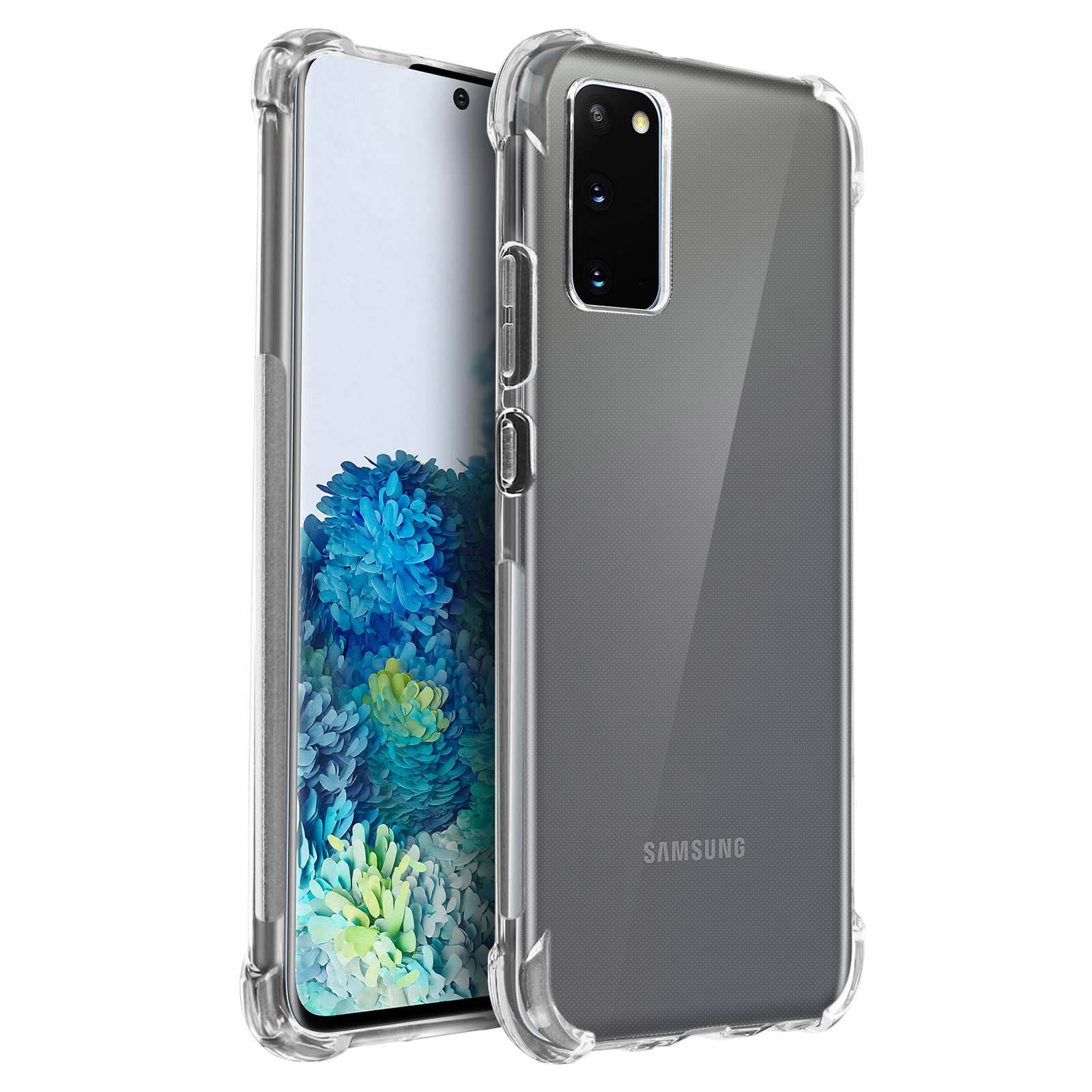 Custodia trasparente con telefono; schermo con motivo floreale blu.