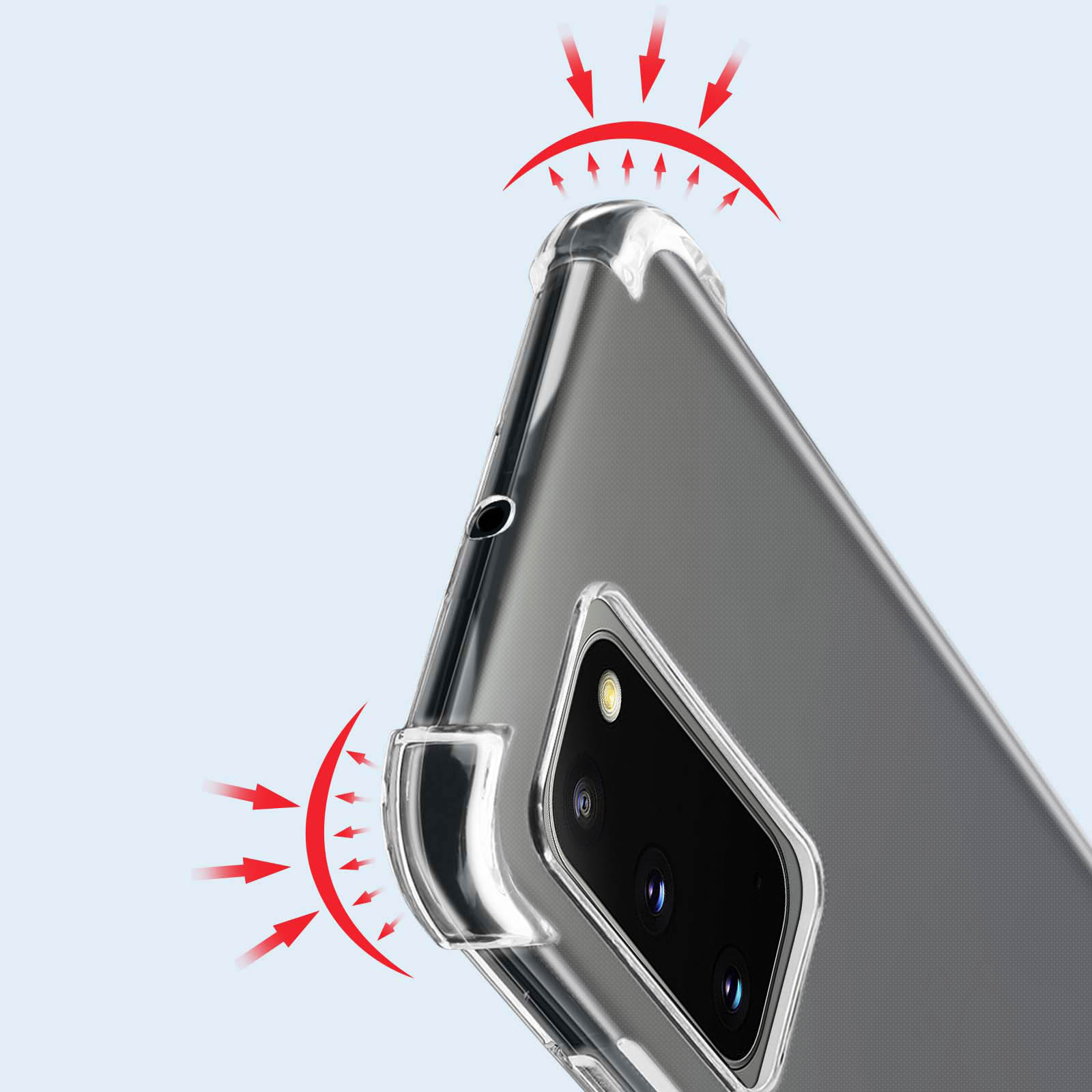 Custodia trasparente per telefono con fotocamera, mostra protezione dagli urti e frecce rosse.